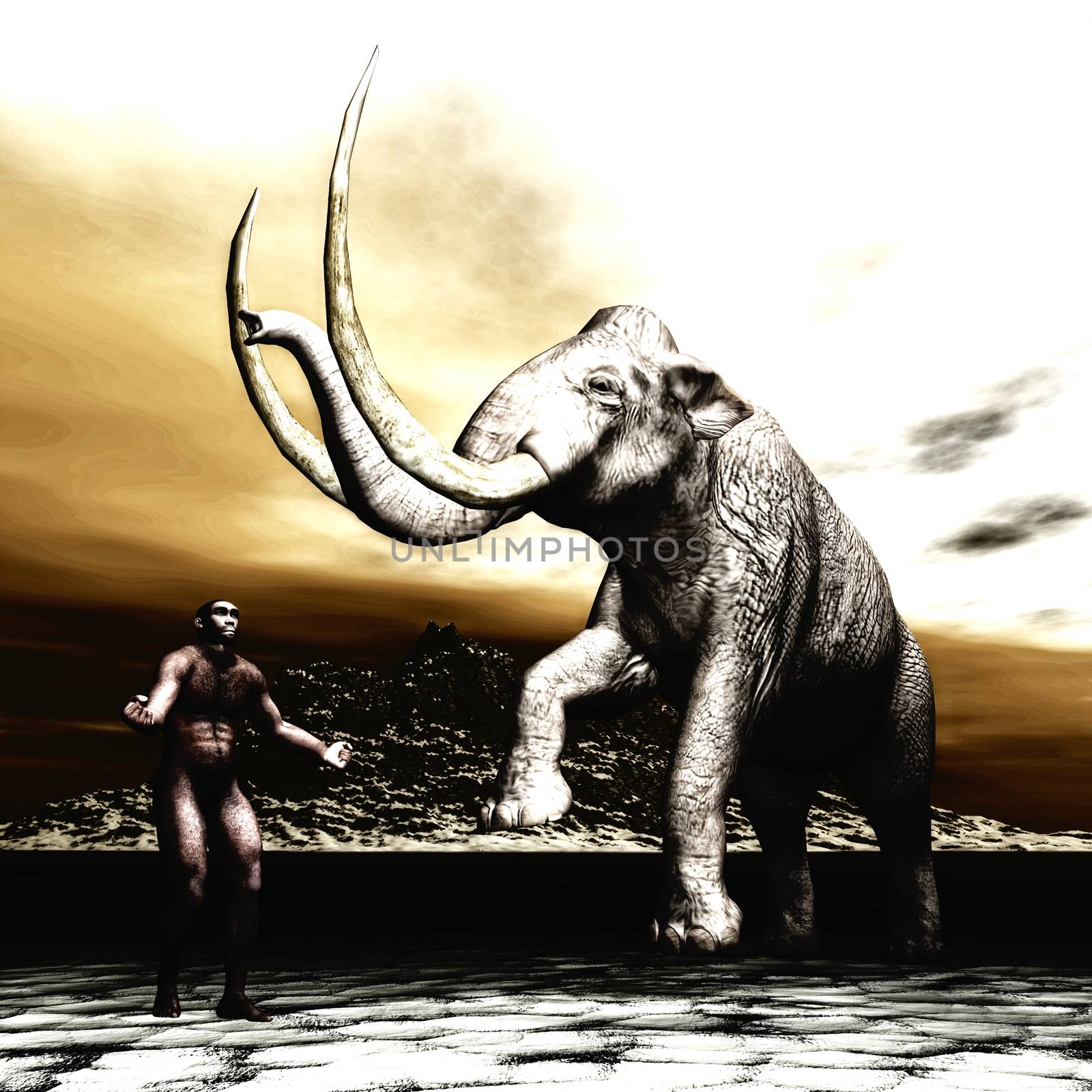 Mammoth with prehistoric man