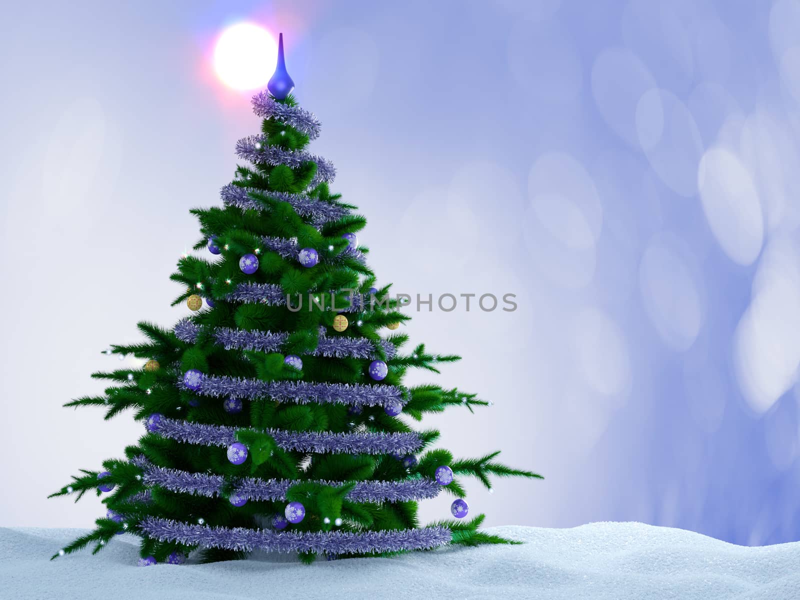 Christmas tree with decorations and snow on decorative background.