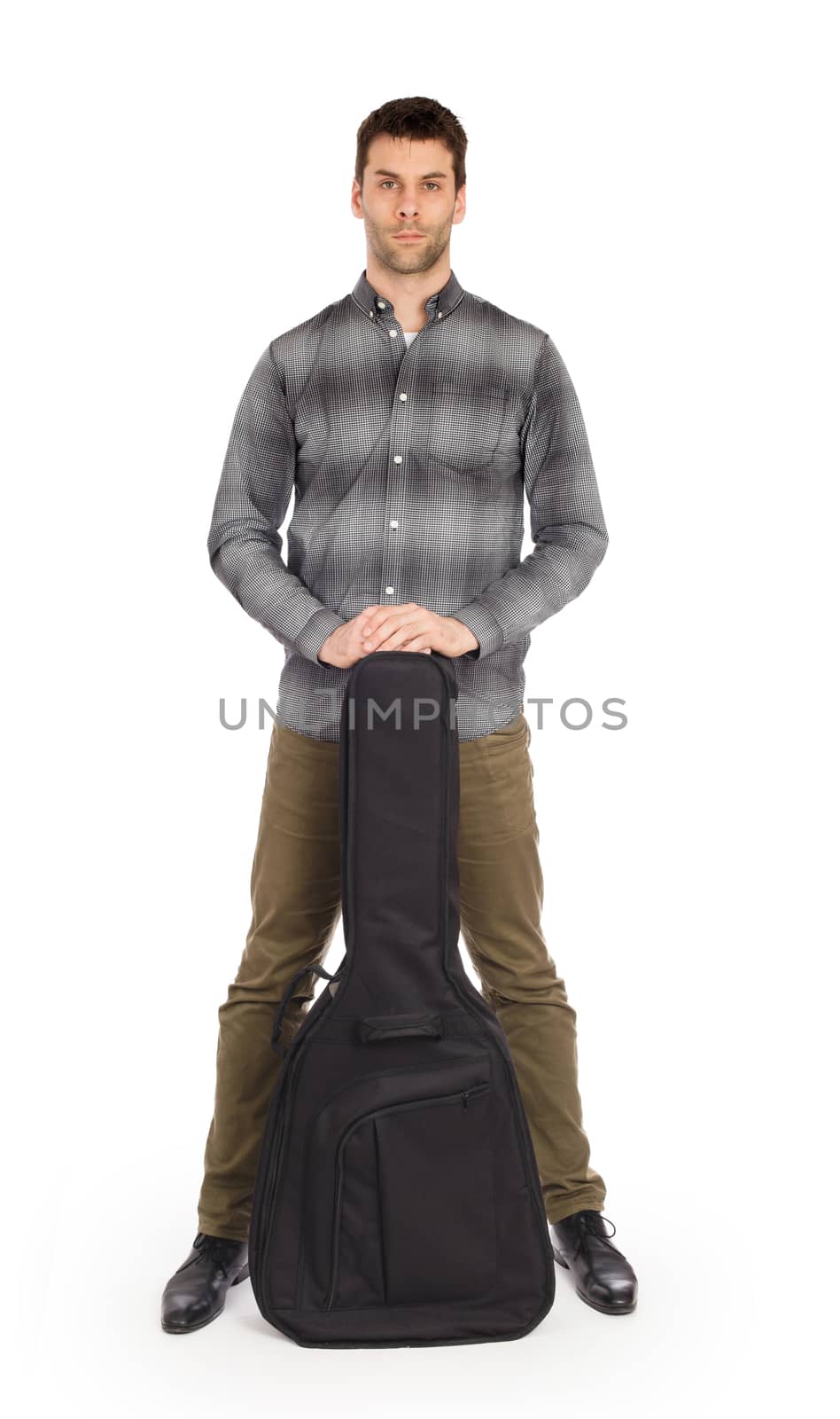 Musican with acoustic guitar in bag by michaklootwijk