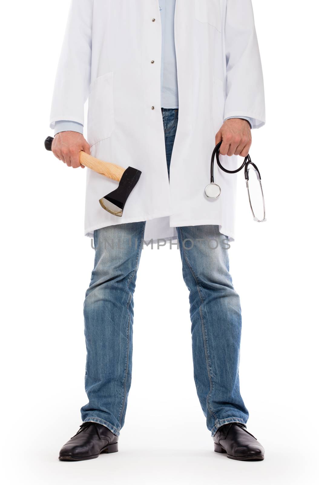 Evil medic holding a small axe, isolated on white