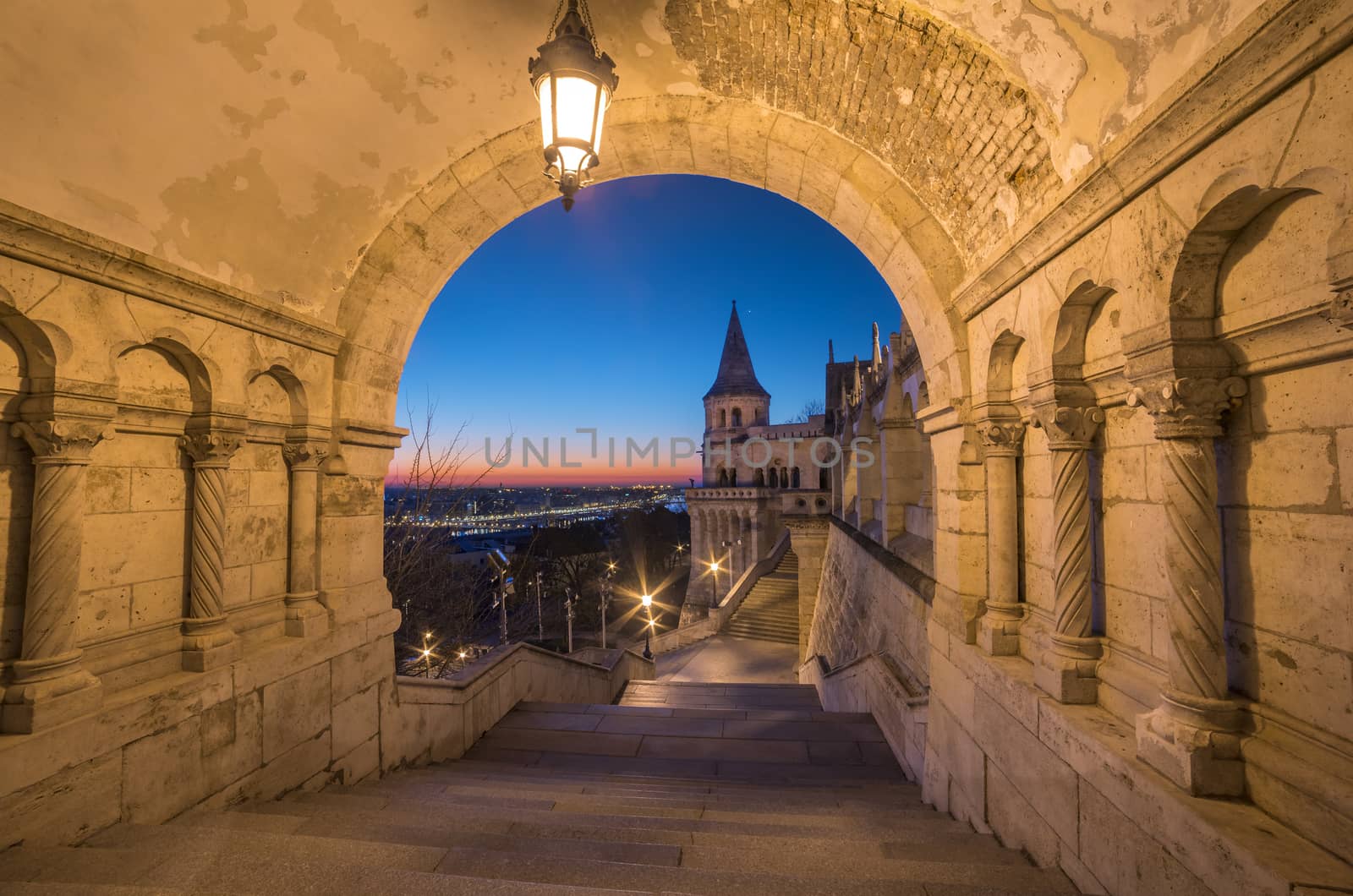 North Gate of Fisherman's Bastion in Budapest, Hungary Illuminated at Dawn