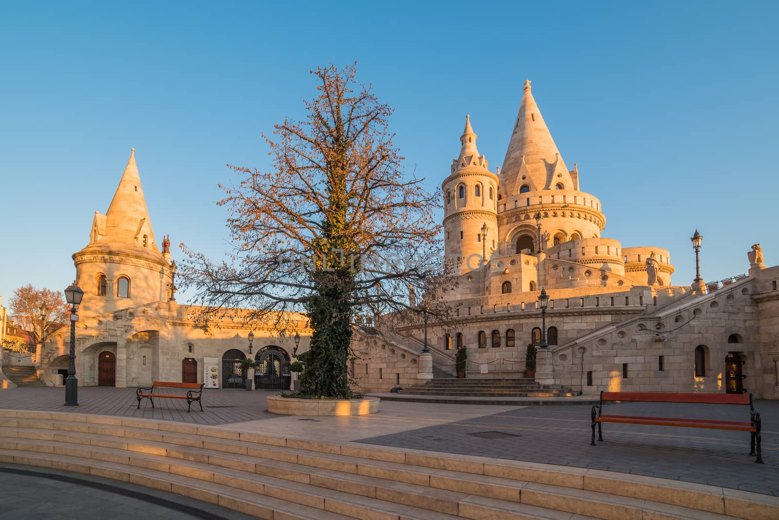 Fisherman's Bastion in Budapest, Hungary at Sunrise with Clear Blue Sky