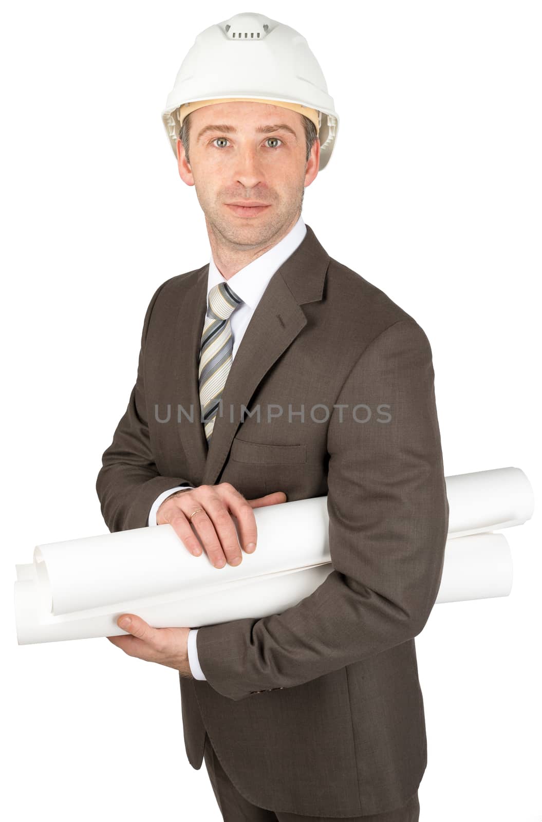 Man with hard hat holding rolled up blueprints. Isolated on white background