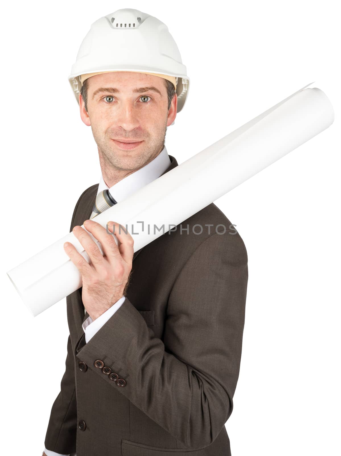 Businessman in helmet holding blueprints isolated on white background
