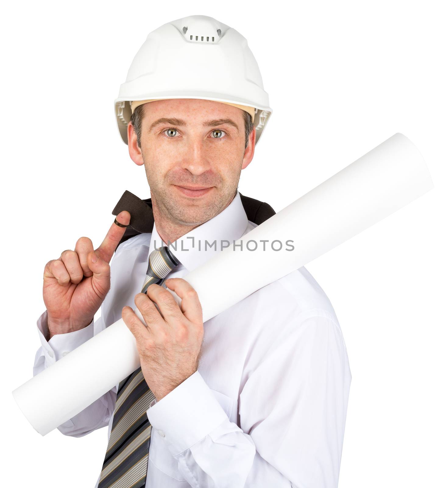 Confident construction worker holding his jacket and paper scroll. Isolated on white background