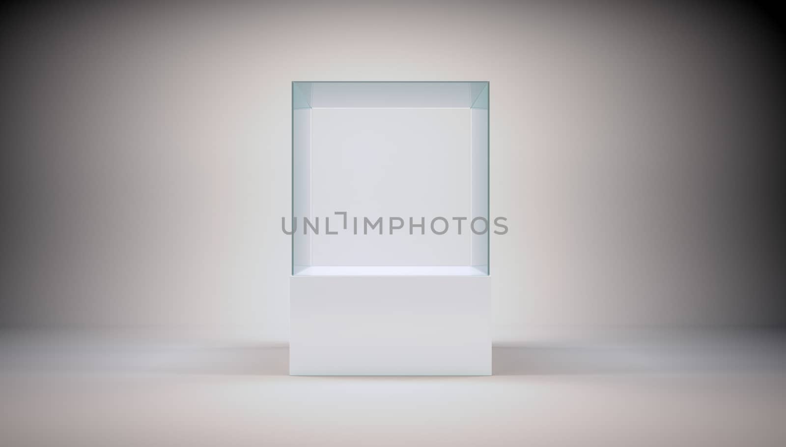 Glass cube on podium on abstract grey background. 3d render