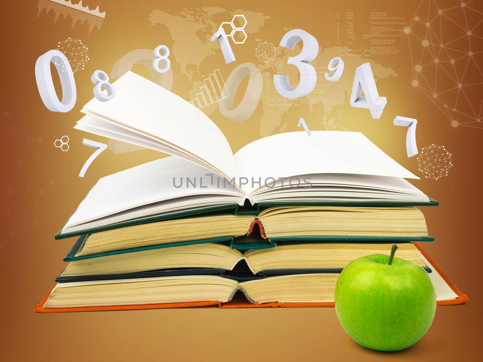 Books with green apple on abstract brown background with numbers
