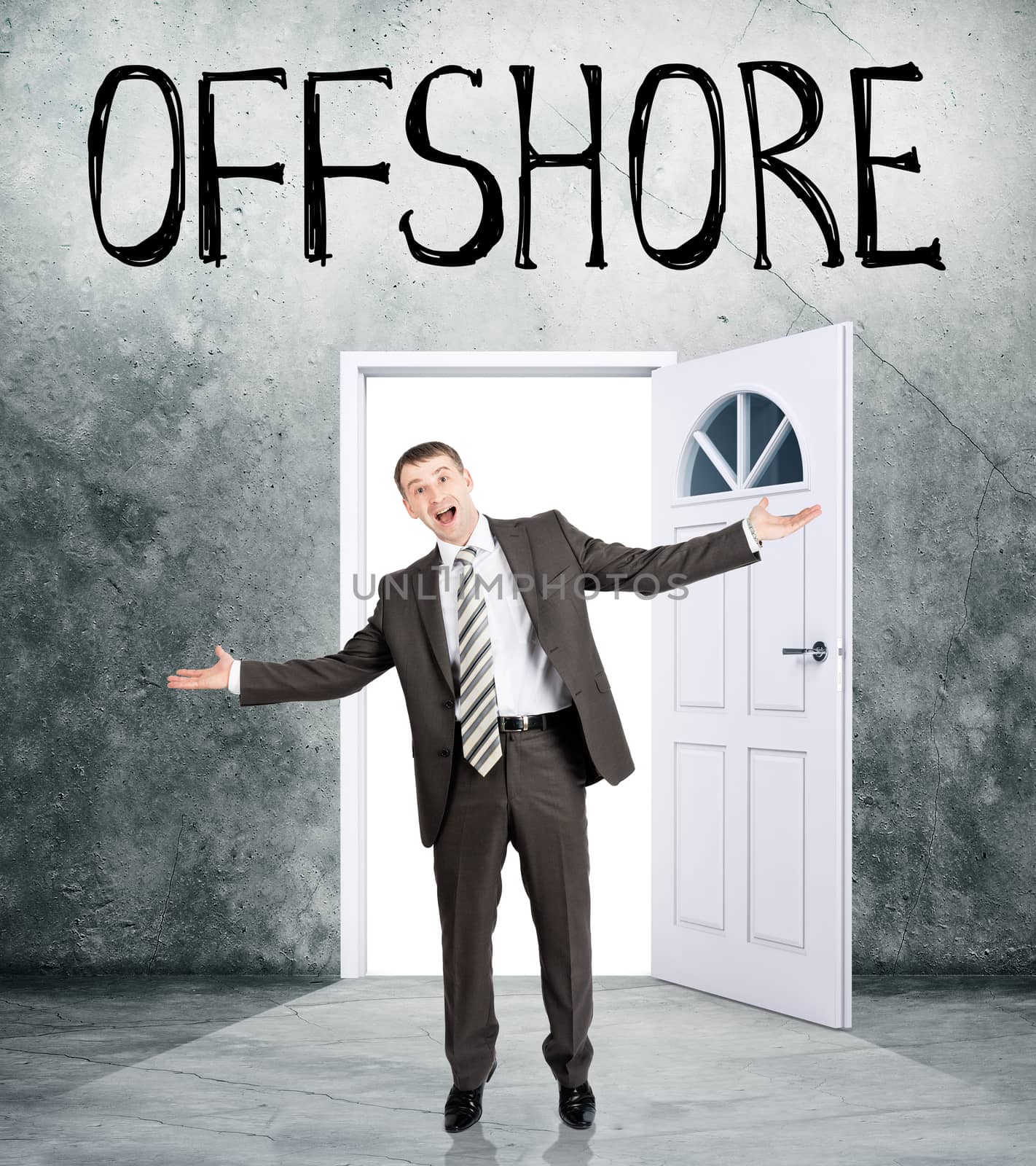 Happy businessman comes out of room with word offshore and looks at camera