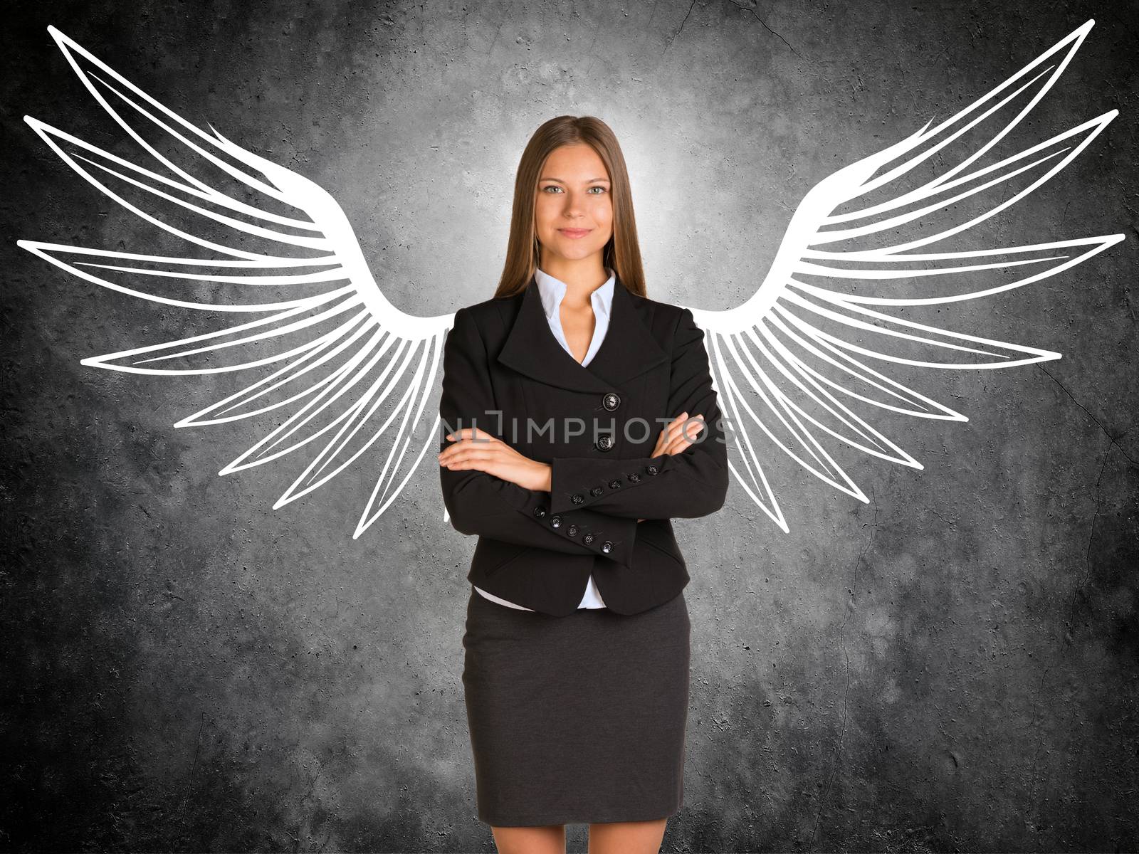 Businesswoman with drawn angel wings by cherezoff