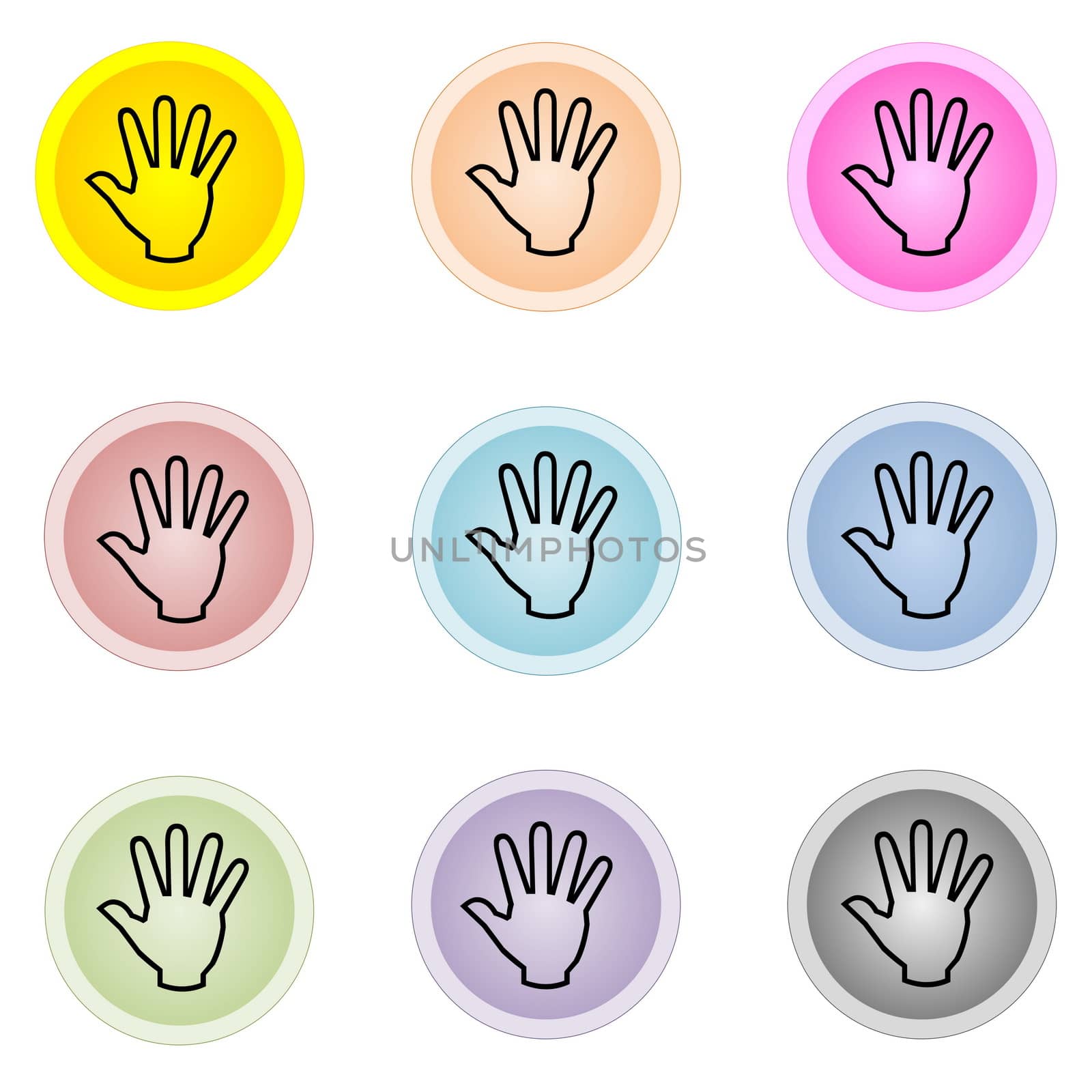 Set of nine colorful buttons with hand isolated in white background