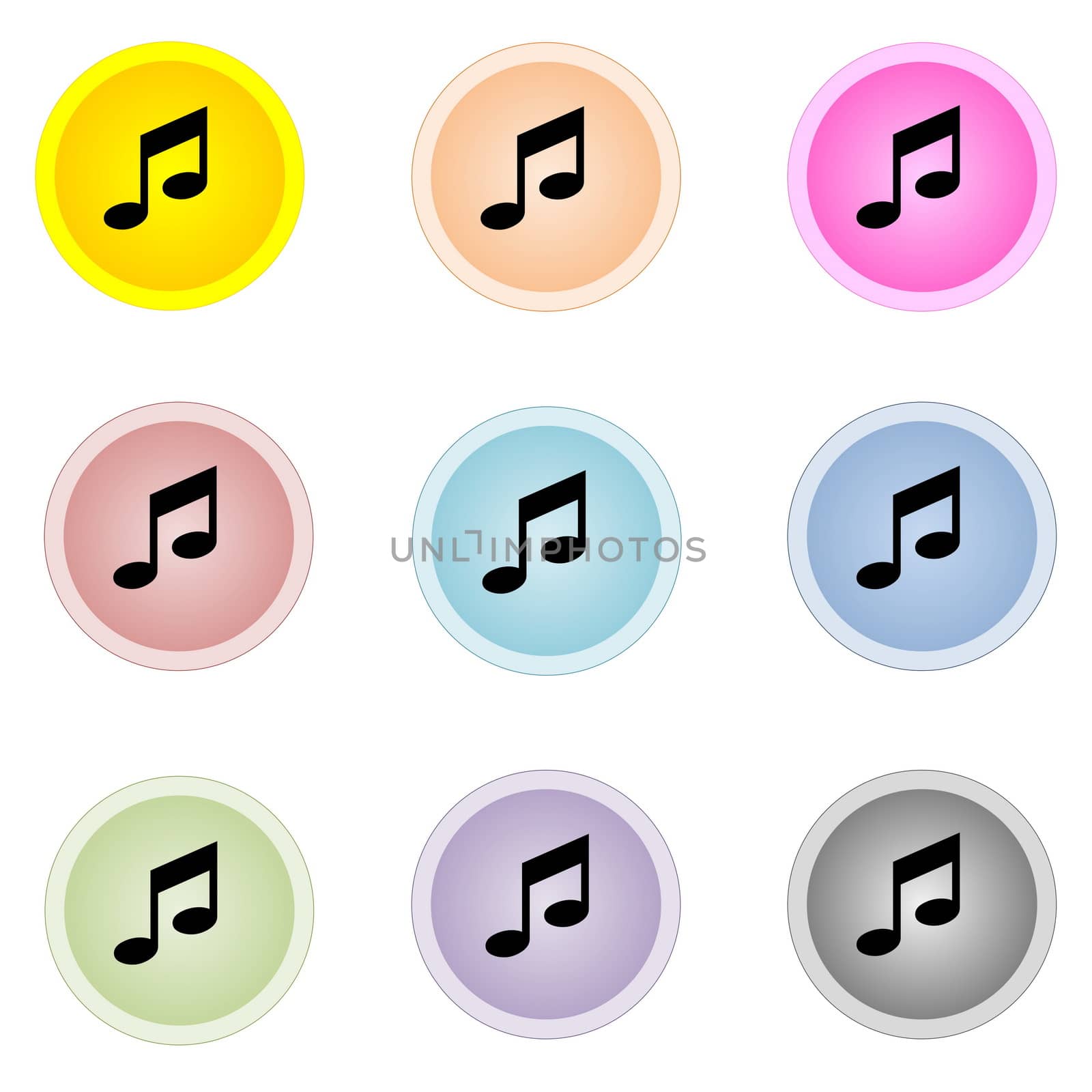 Set of nine colorful buttons with music notes isolated in white background