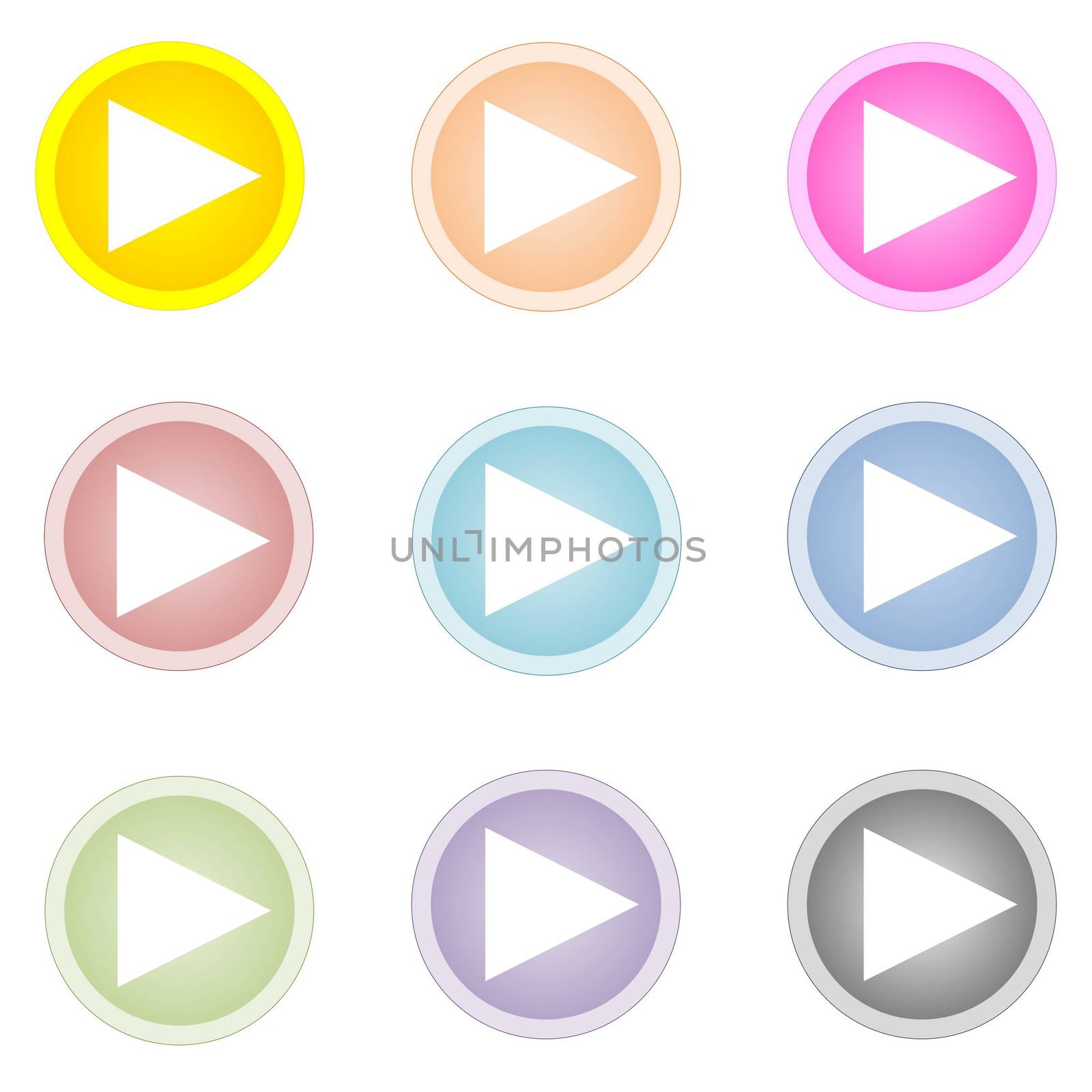 Set of nine colorful play buttons isolated in white background