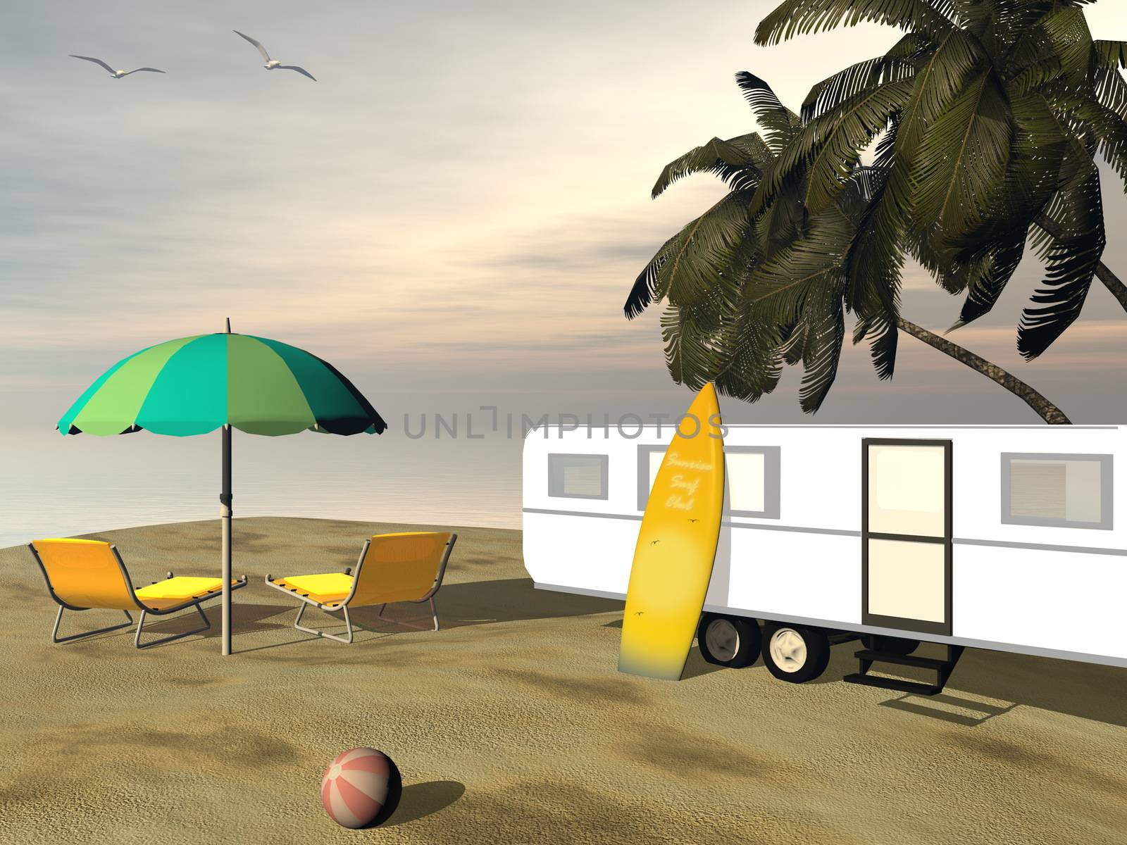 Caravan holidays at the beach, relaxing and surfing - 3D render