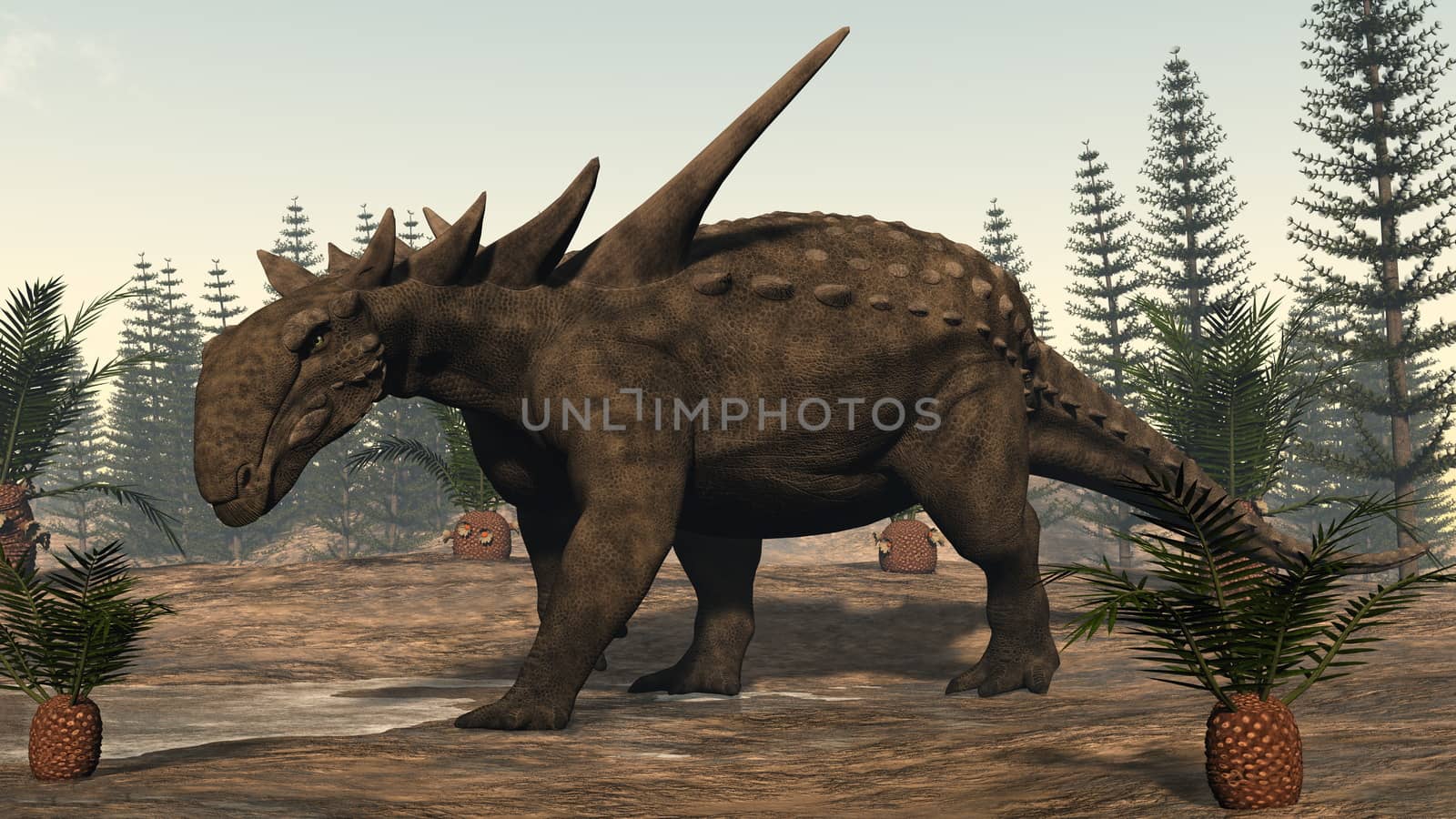 Sauropelta dinosaur among cycadeoidea plants and calamite trees - 3D render