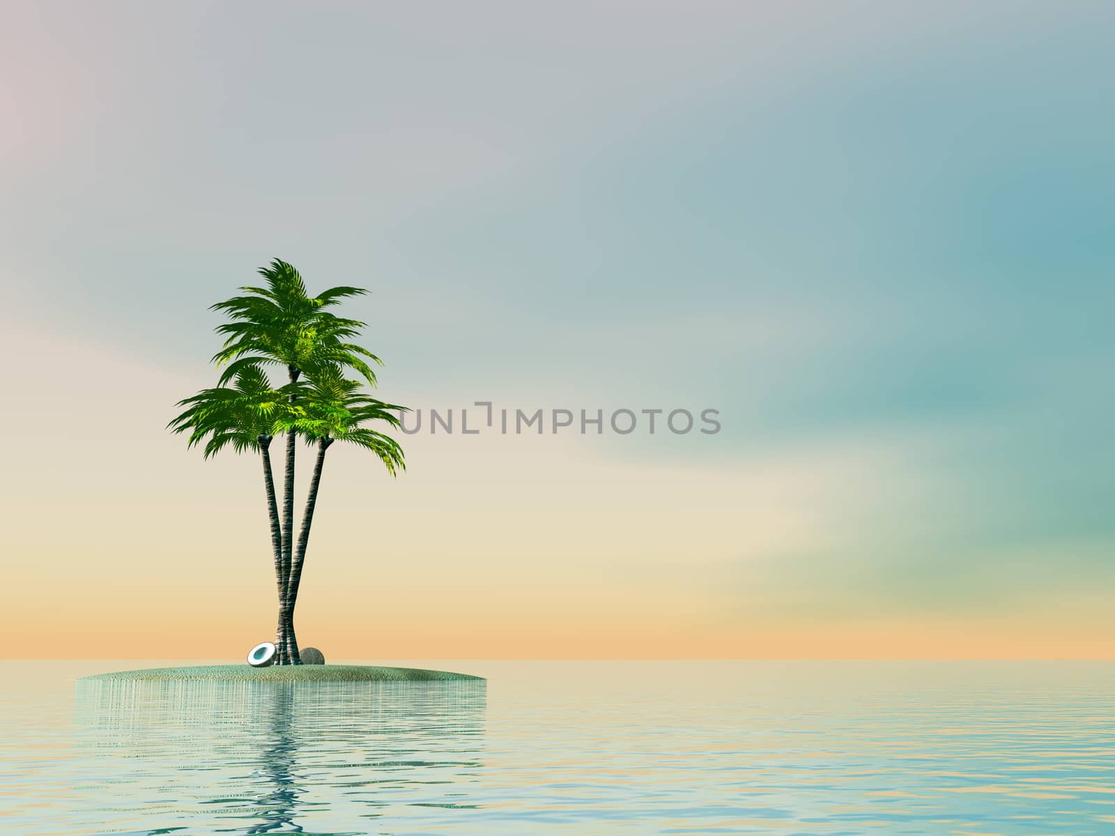 Palm trees on an island in middle of the ocean - 3D render by Elenaphotos21