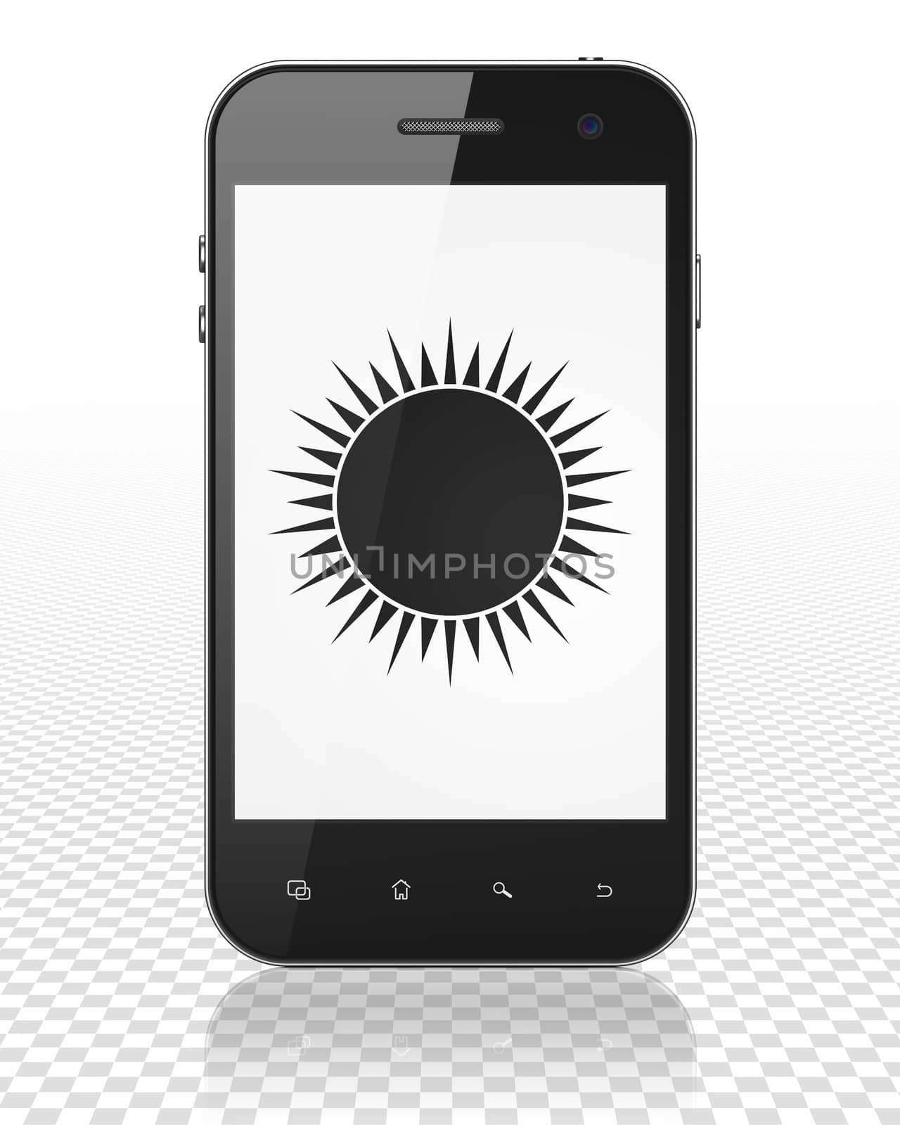 Vacation concept: Smartphone with Sun on display by maxkabakov