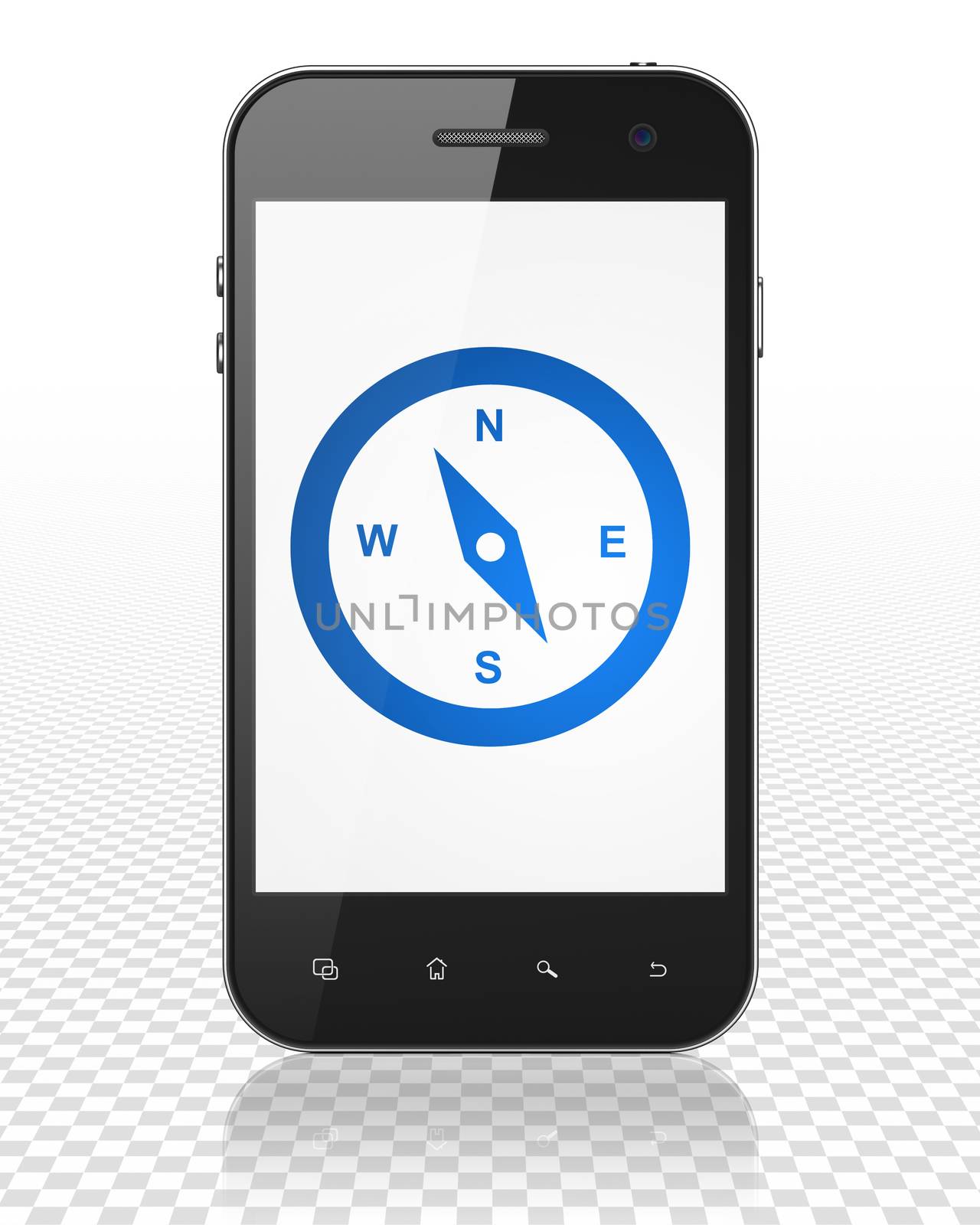Vacation concept: Smartphone with blue Compass icon on display, 3D rendering