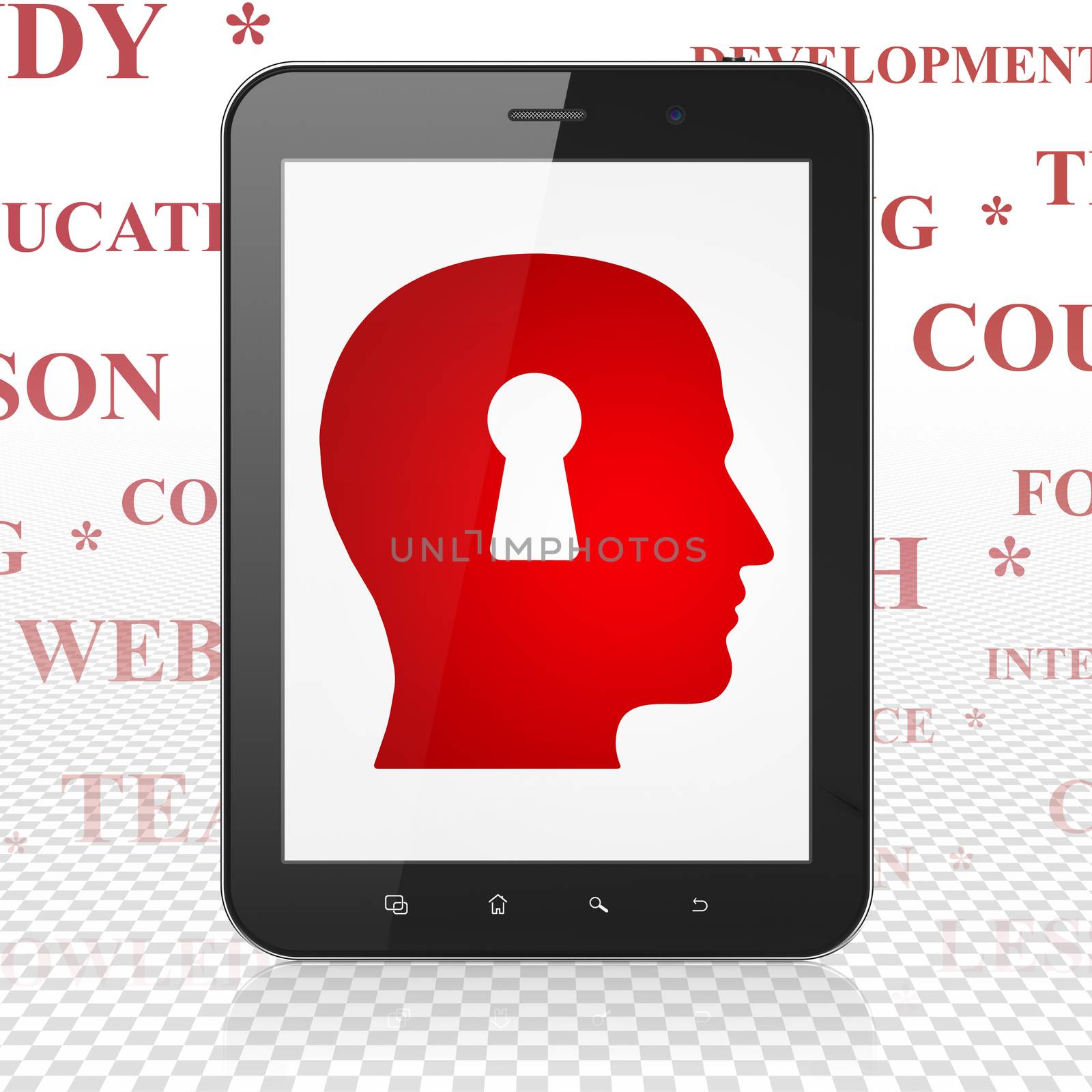 Studying concept: Tablet Computer with  red Head With Keyhole icon on display,  Tag Cloud background, 3D rendering