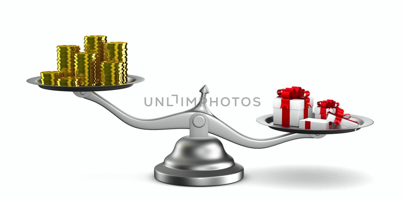 Gift box and cash on scale. Isolated 3D image by ISerg