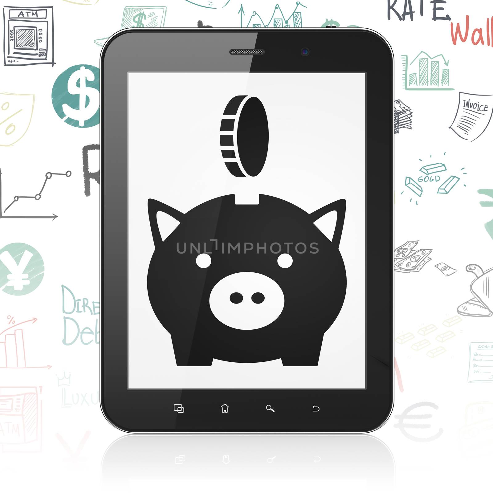 Money concept: Tablet Computer with  black Money Box With Coin icon on display,  Hand Drawn Finance Icons background, 3D rendering