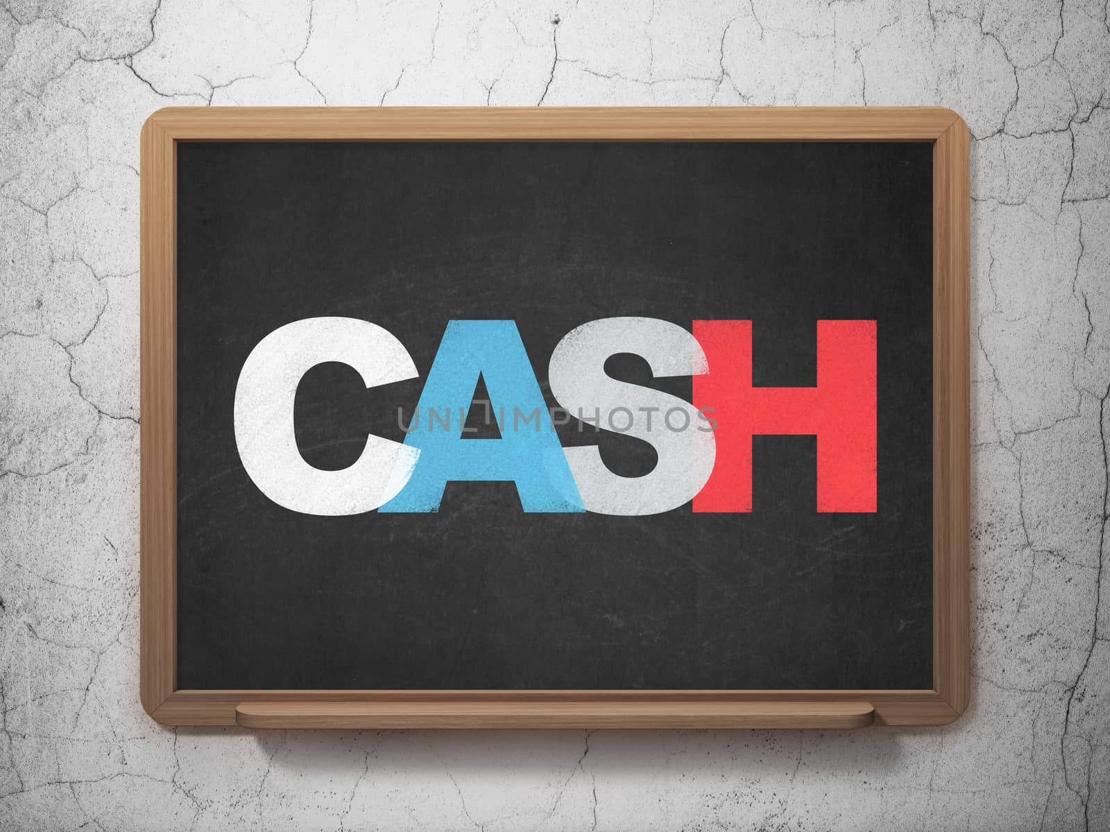 Currency concept: Painted multicolor text Cash on School board background, 3D Rendering