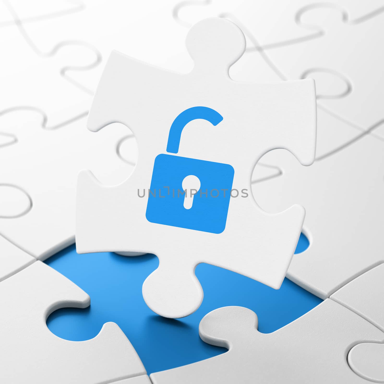 Privacy concept: Opened Padlock on White puzzle pieces background, 3D rendering