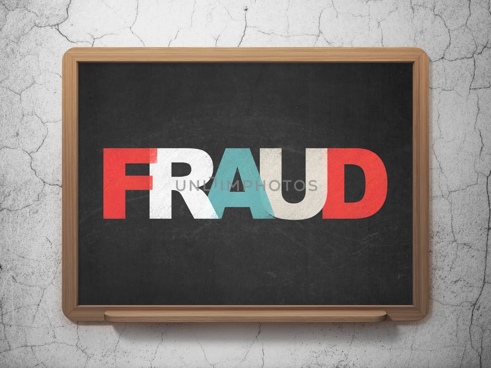 Protection concept: Painted multicolor text Fraud on School board background, 3D Rendering