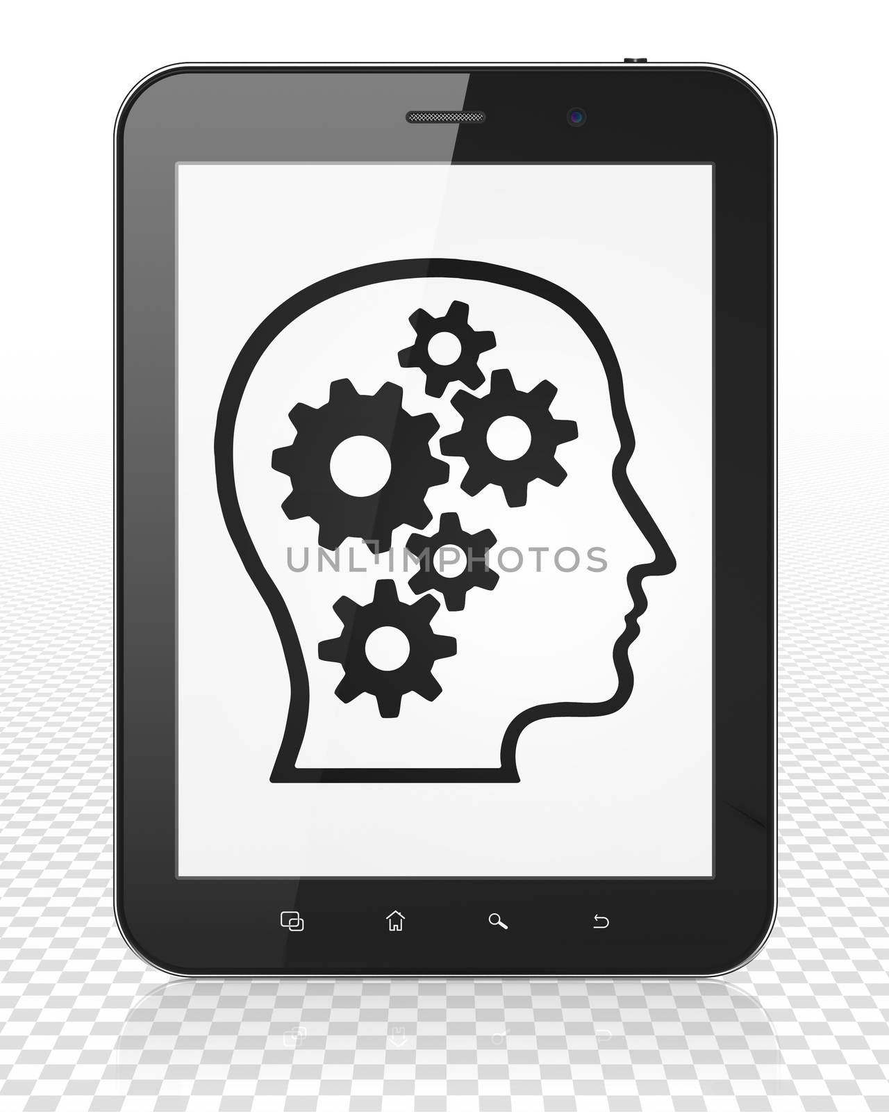 Business concept: Tablet Pc Computer with Head With Gears on display by maxkabakov