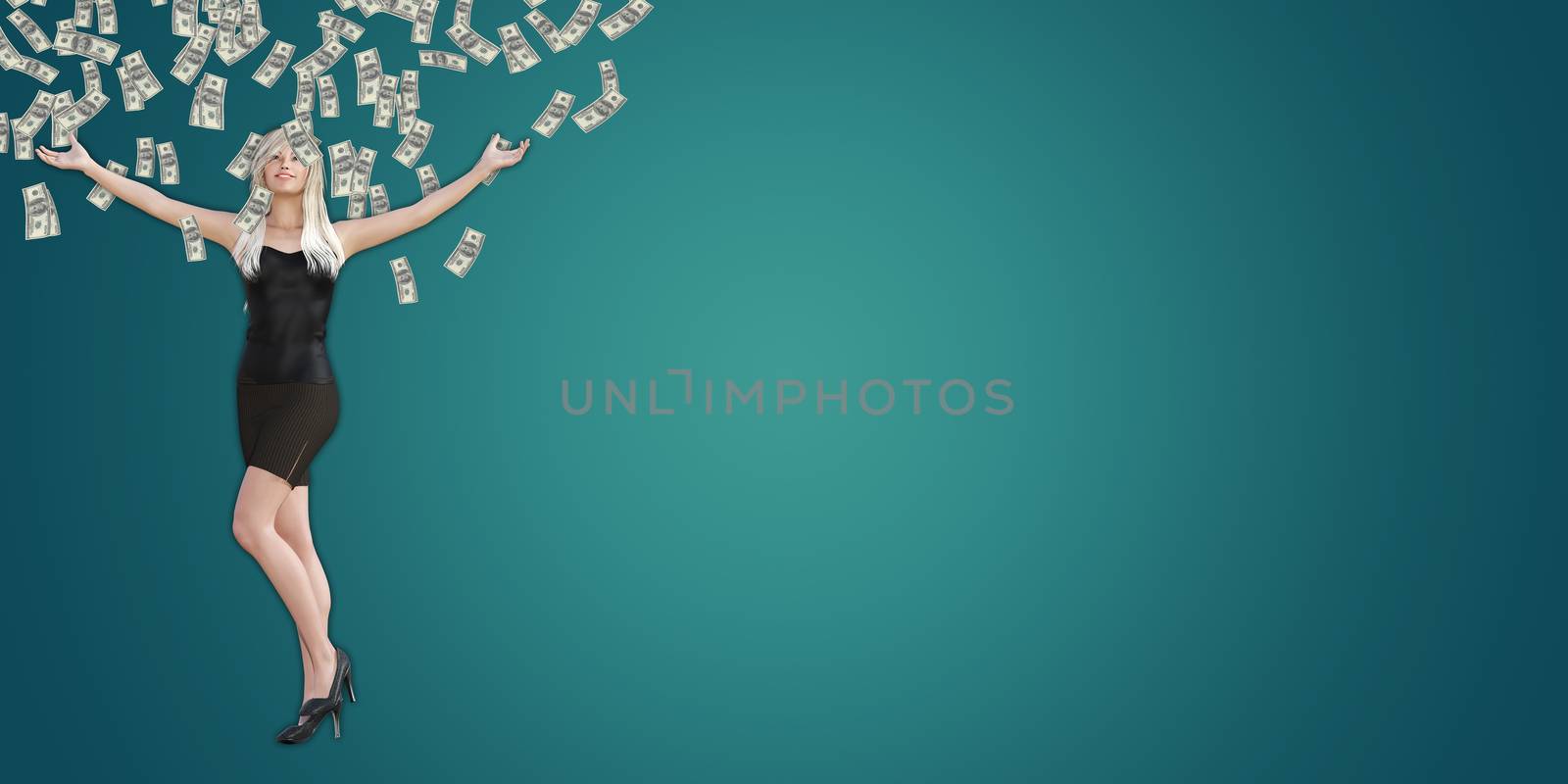 Woman Catching Money Falling From the Sky in US Dollars