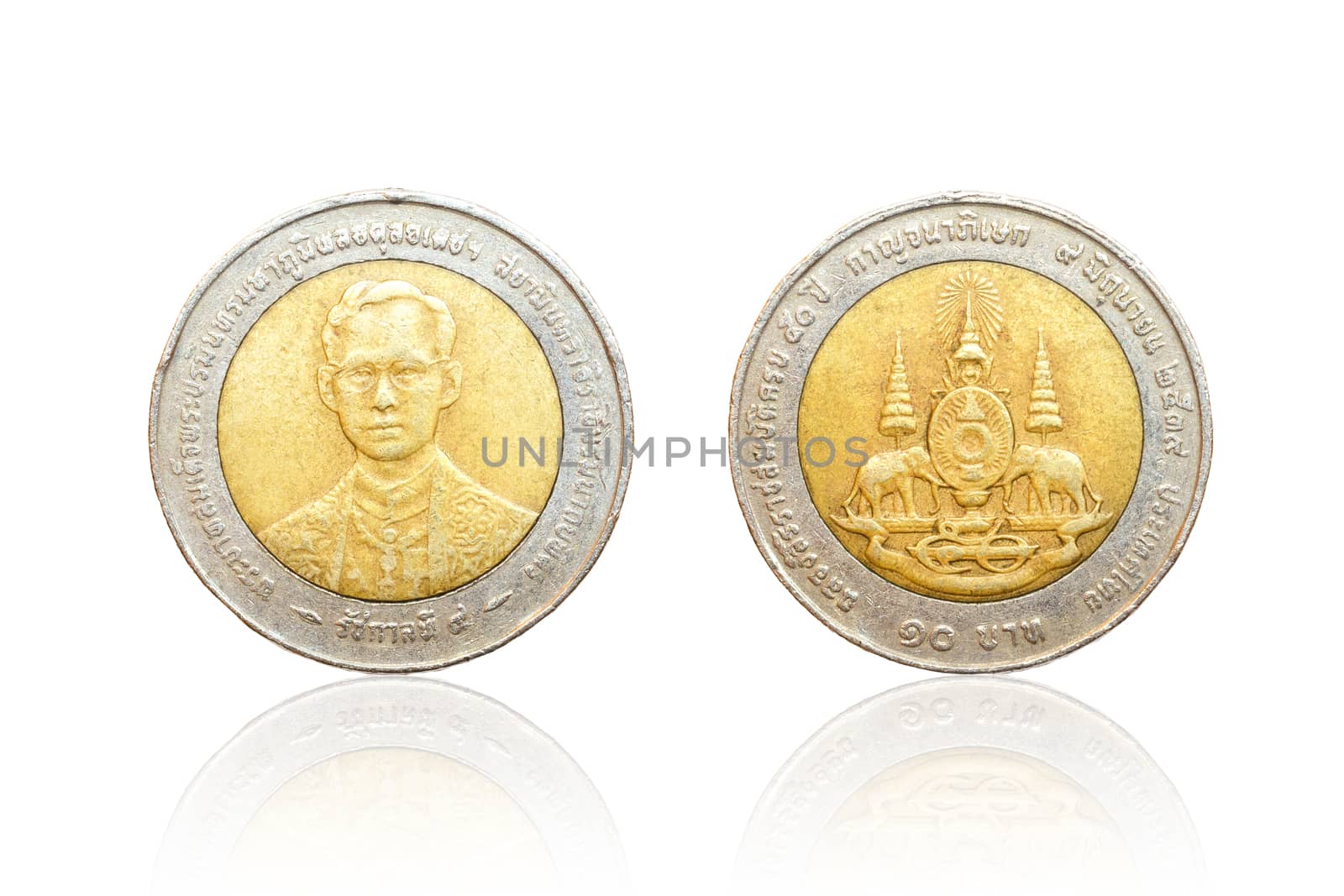 Front and back of Thai coin 10 baht reflect on white background.