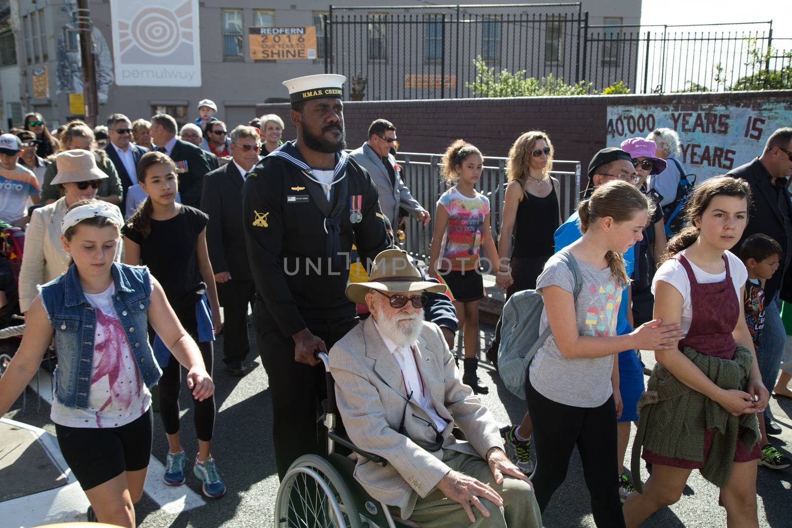 AUSTRALIA, Redfern: About 500 people gather at The Block in Redfern, Sydney, for the 10th Coloured Digger Anzac Day march on April 25, 2016 to honour their forebears who fought in the Battle of the Somme a century ago. In Redfern, this is the 10th year a Coloured digger march is organized to honour the role the Aboriginal and Torres Strait Islander service men and women play in the battle. 