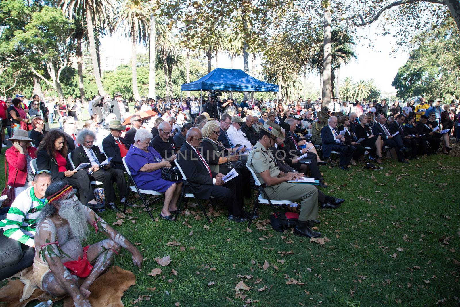 AUSTRALIA, Redfern: About 500 people gather at The Block in Redfern, Sydney, for the 10th Coloured Digger Anzac Day march on April 25, 2016 to honour their forebears who fought in the Battle of the Somme a century ago. In Redfern, this is the 10th year a Coloured digger march is organized to honour the role the Aboriginal and Torres Strait Islander service men and women play in the battle. 