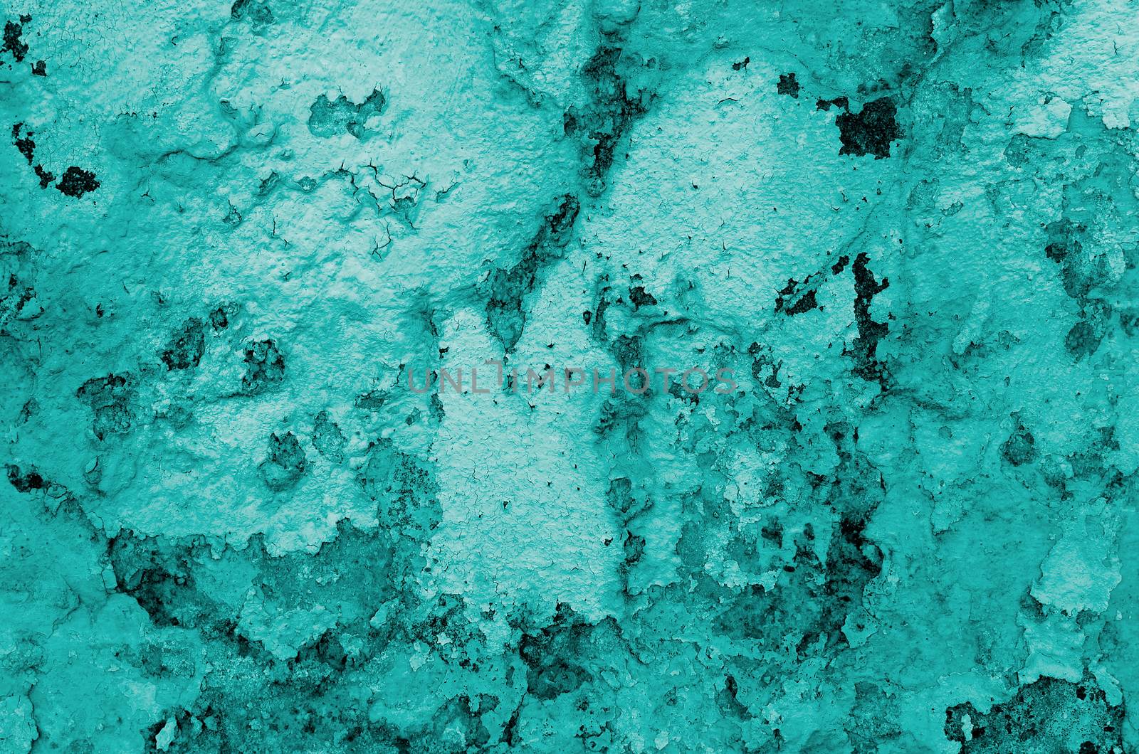 Turquoise Damaged Obsolete Cracked Cement Wall Background closeup