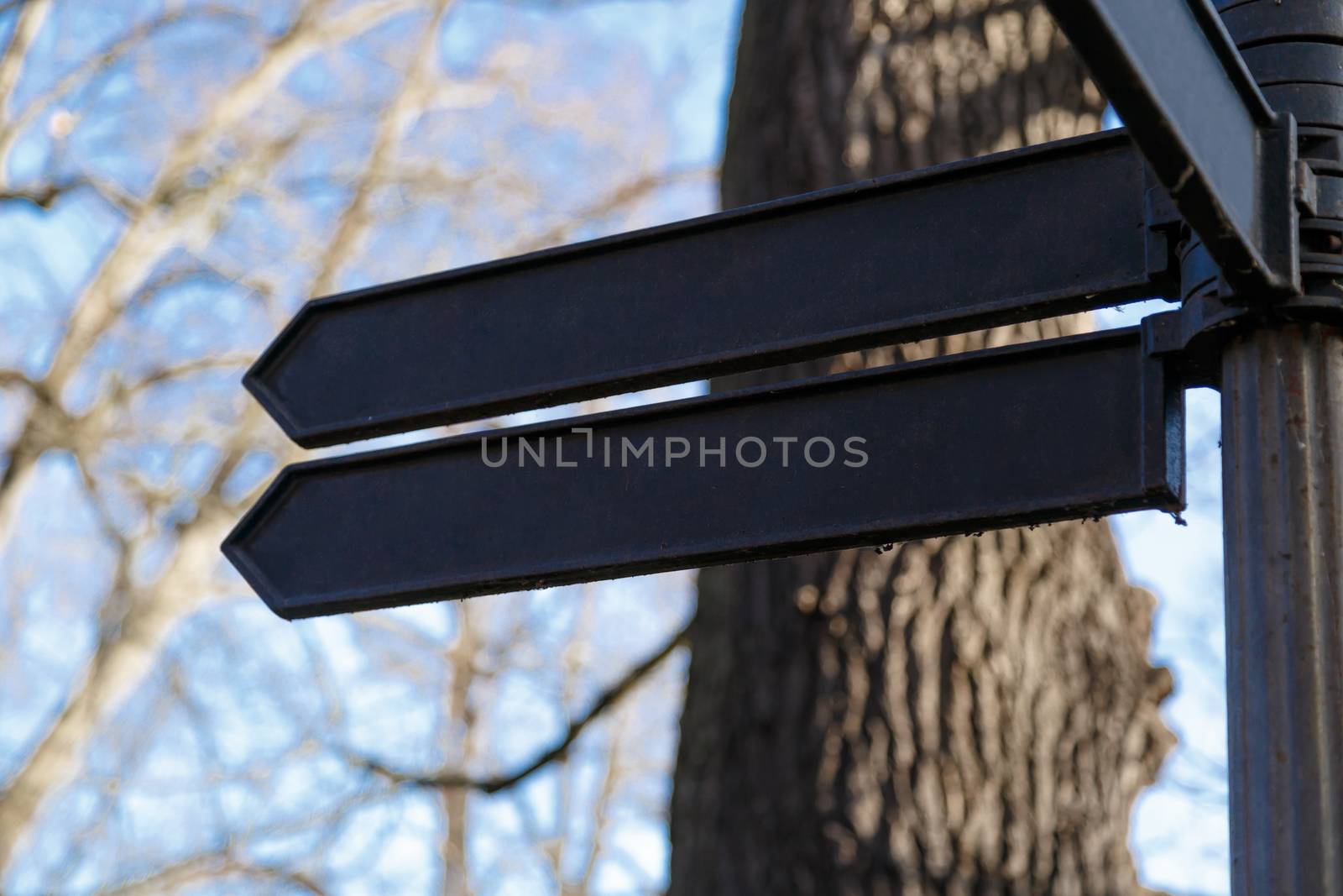 Close up detailed view of iron black empty signboards.
