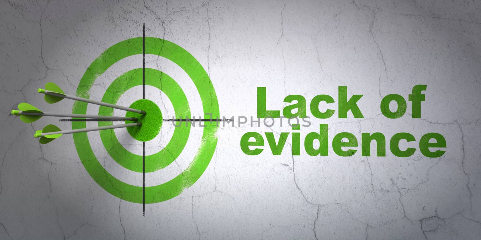 Success law concept: arrows hitting the center of target, Green Lack Of Evidence on wall background, 3D rendering