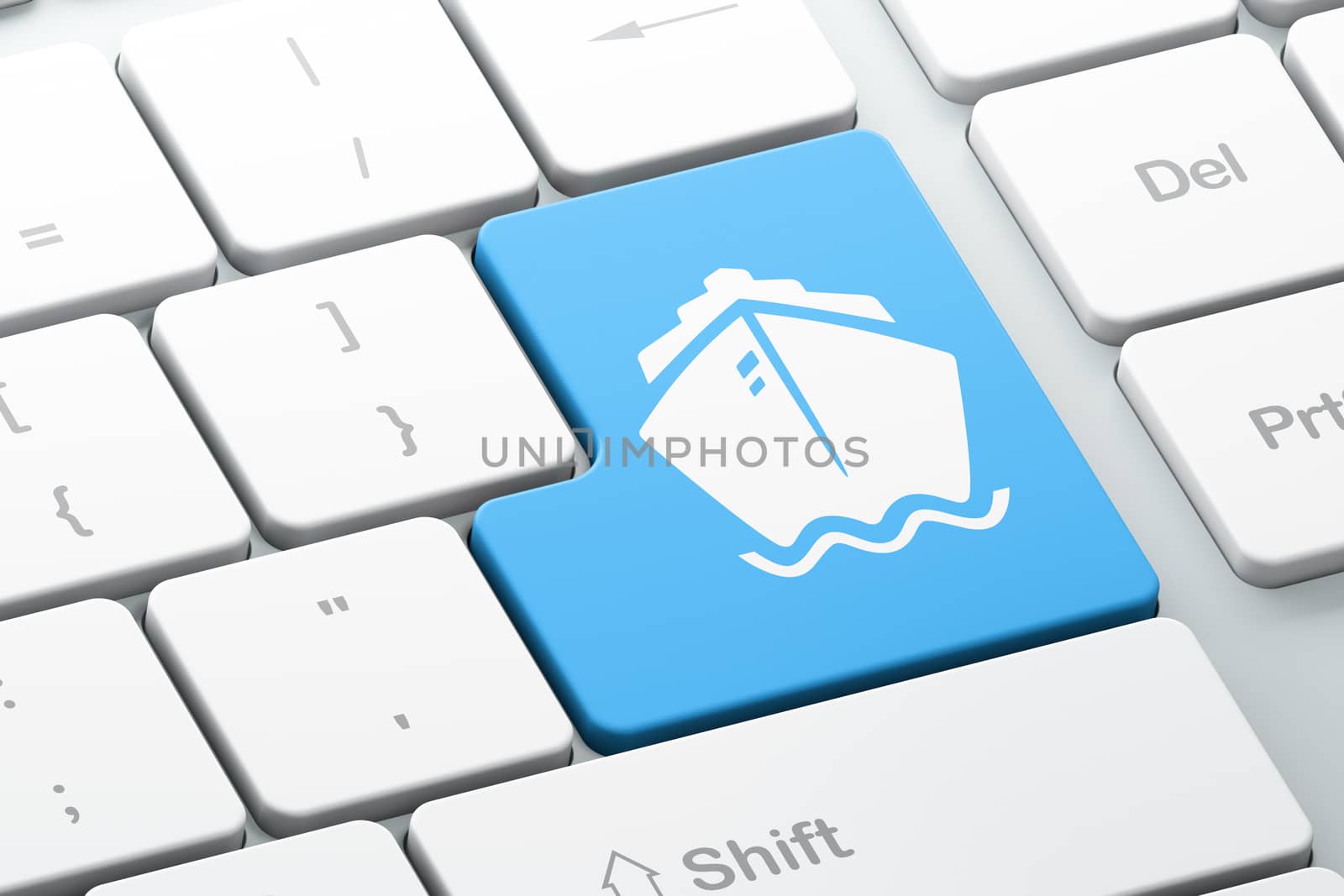 Vacation concept: Enter button with Ship on computer keyboard background, 3D rendering