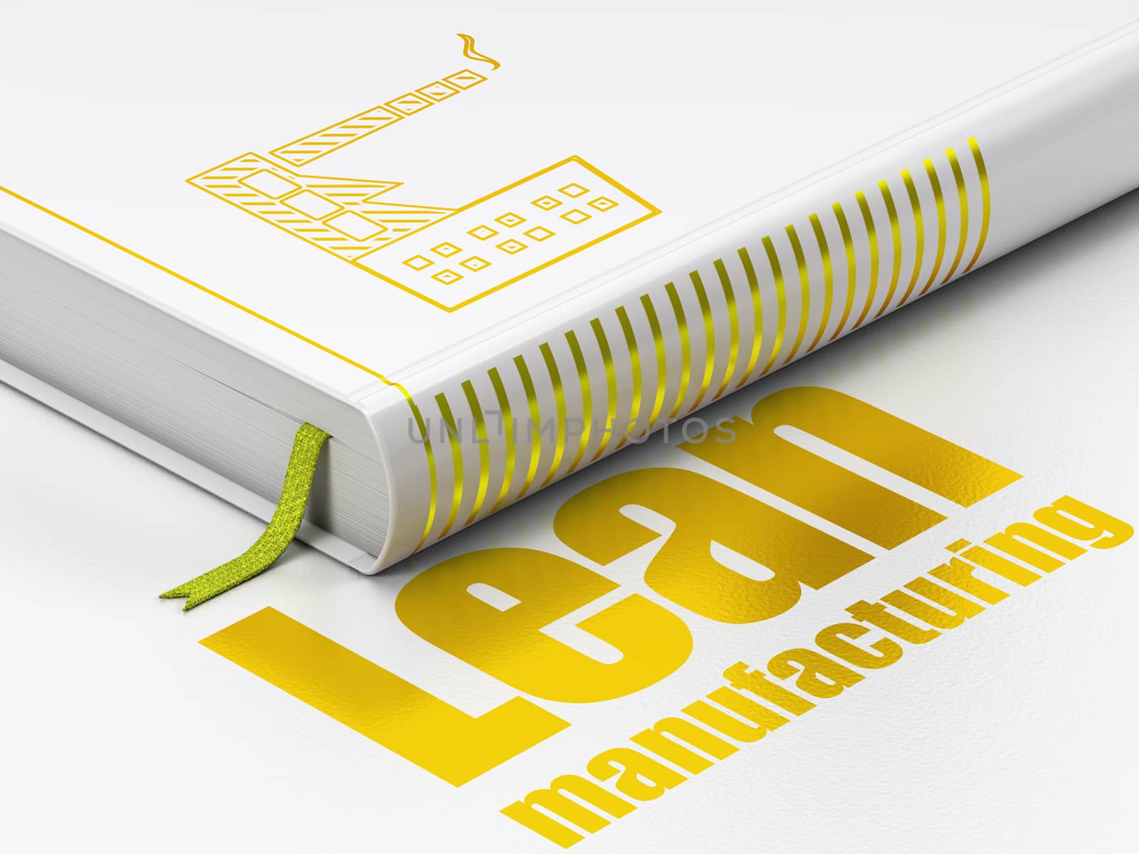 Manufacuring concept: closed book with Gold Industry Building icon and text Lean Manufacturing on floor, white background, 3D rendering