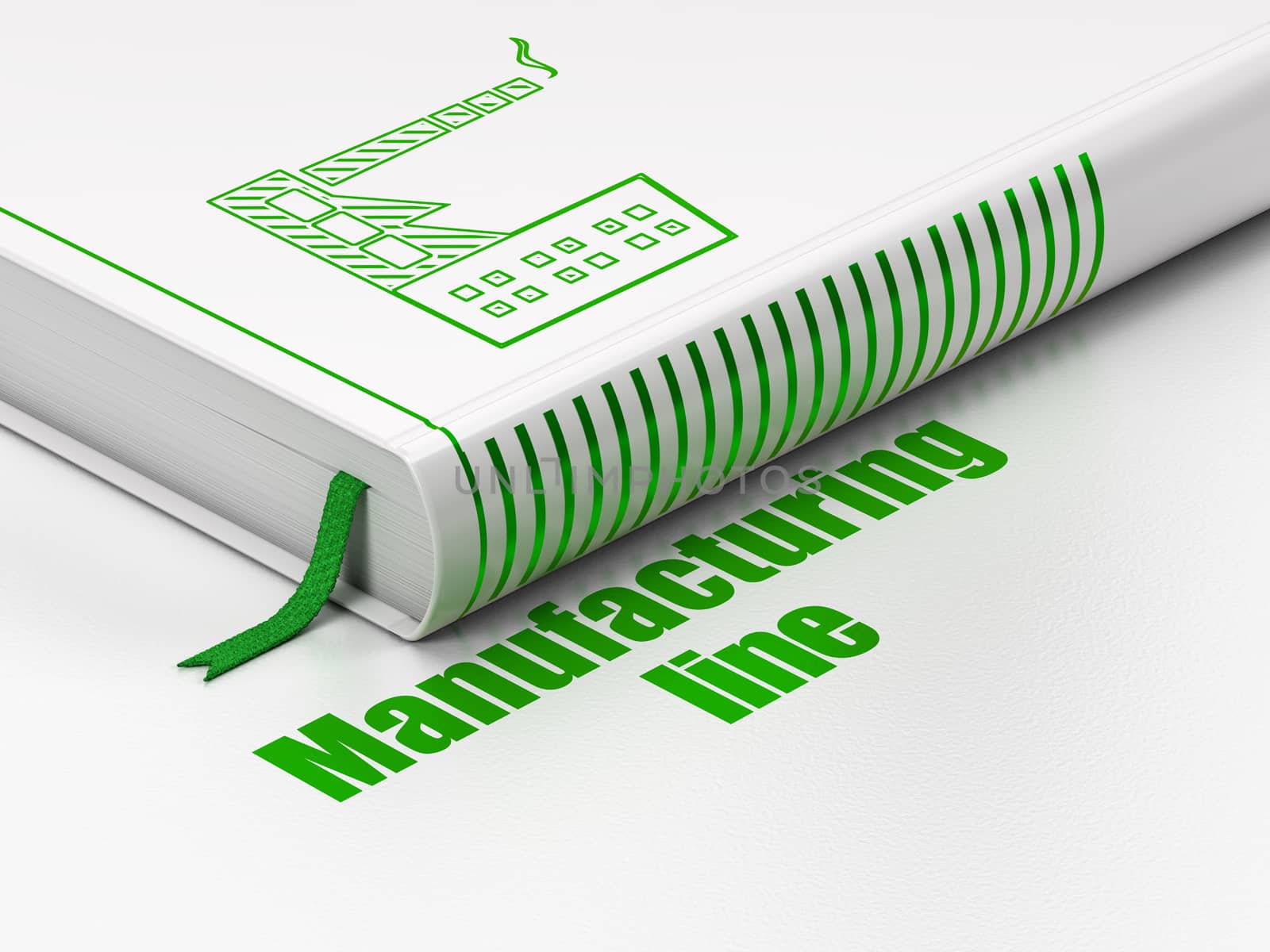 Manufacuring concept: closed book with Green Industry Building icon and text Manufacturing Line on floor, white background, 3D rendering