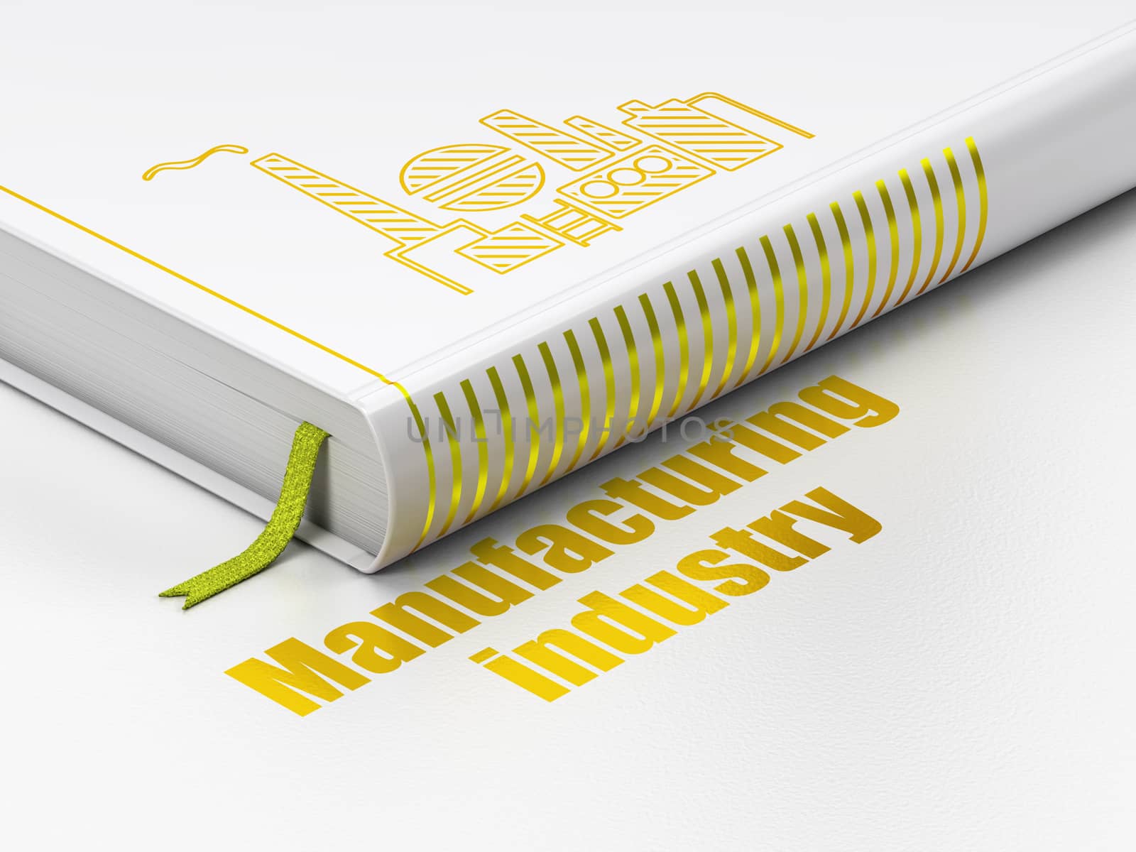 Industry concept: closed book with Gold Oil And Gas Indusry icon and text Manufacturing Industry on floor, white background, 3D rendering