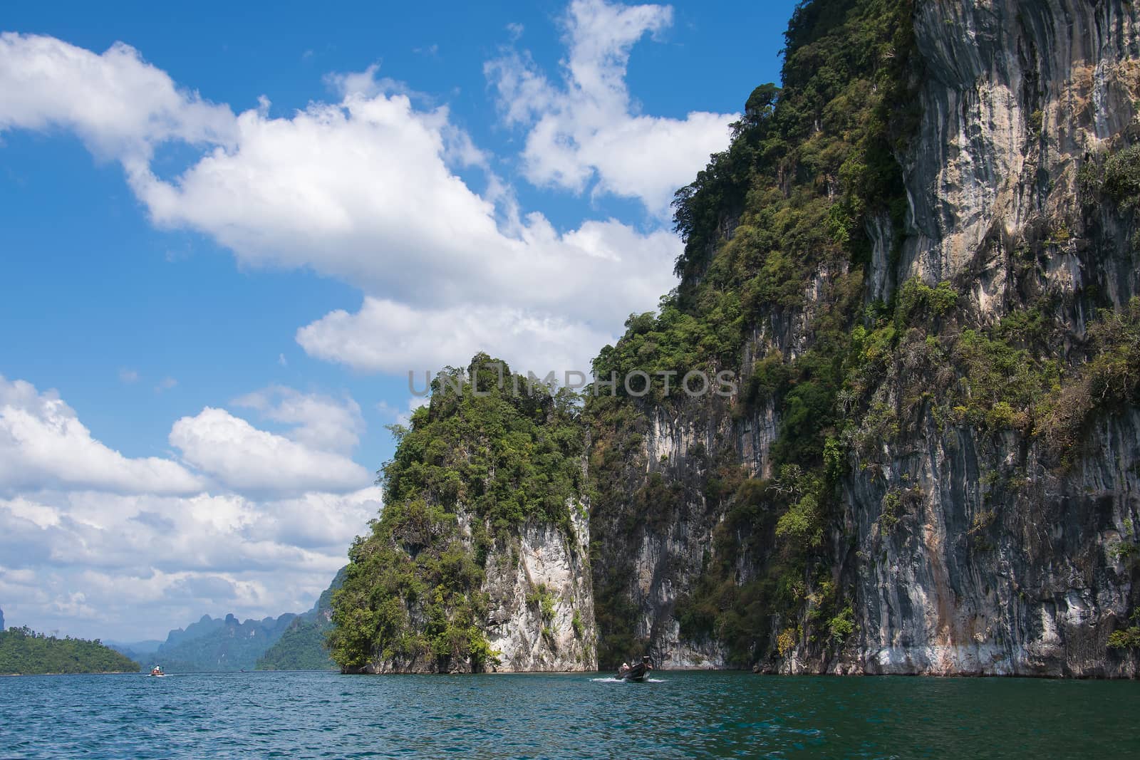 Beautiful mountains and river natural attractions in Ratchaprapha Dam at Khao Sok National Park, Surat Thani Province, Thailand