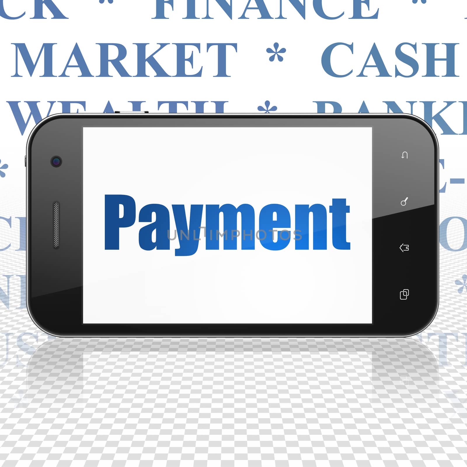 Money concept: Smartphone with  blue text Payment on display,  Tag Cloud background, 3D rendering