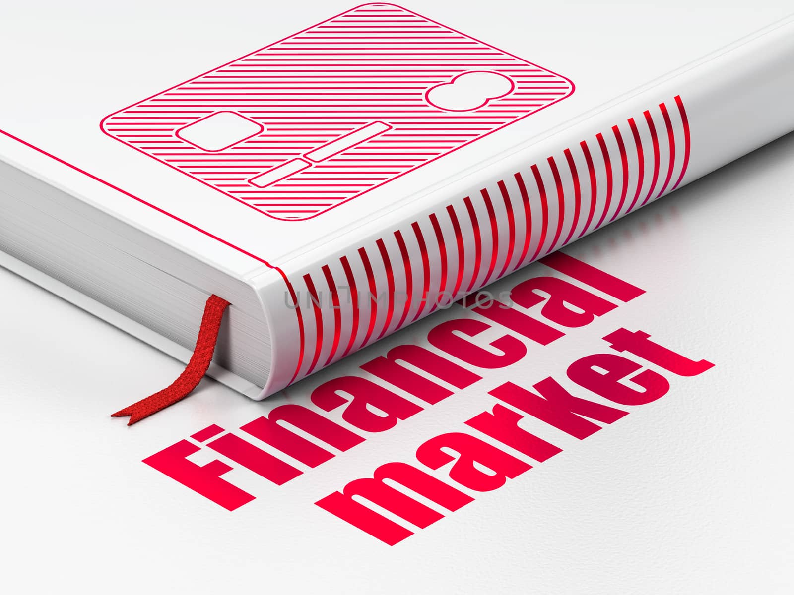 Money concept: closed book with Red Credit Card icon and text Financial Market on floor, white background, 3D rendering