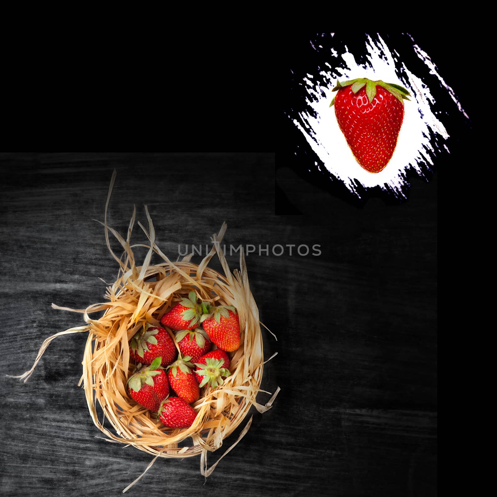 strawberries in a basket - wooden  dark background