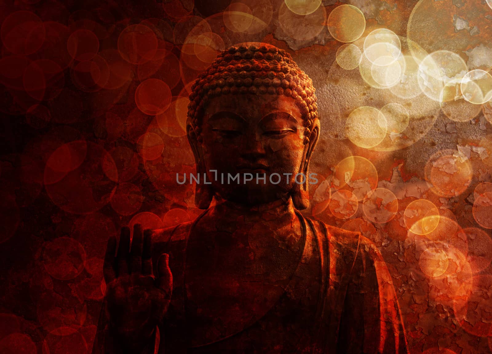 Bronze Zen Buddha Statue Raised Palm with Blurred Textured Red Background