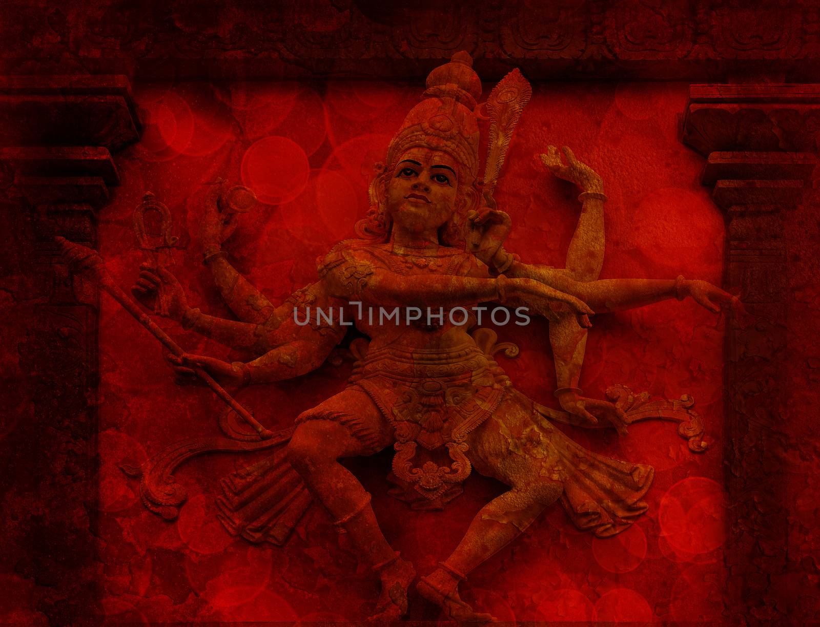 Nataraj Dancing Form of Lord Shiva Hindu God Statue on Temple Exterior Wall Relief in Red Grunge Texture Background