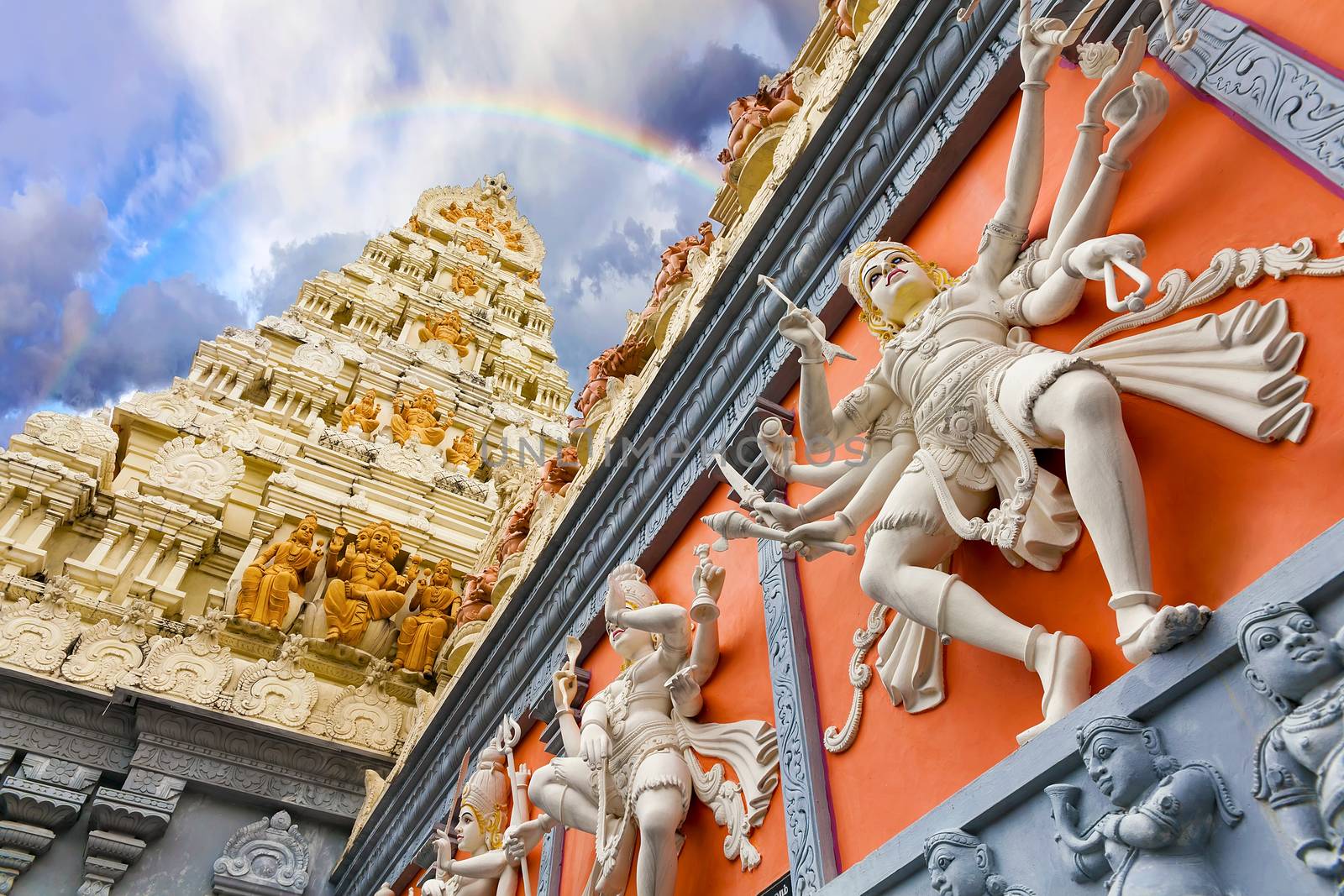 Rainbow Over Dravidian Architecture Exterior of Sri Senpaga Vinayagar Hindu Temple in Singapore