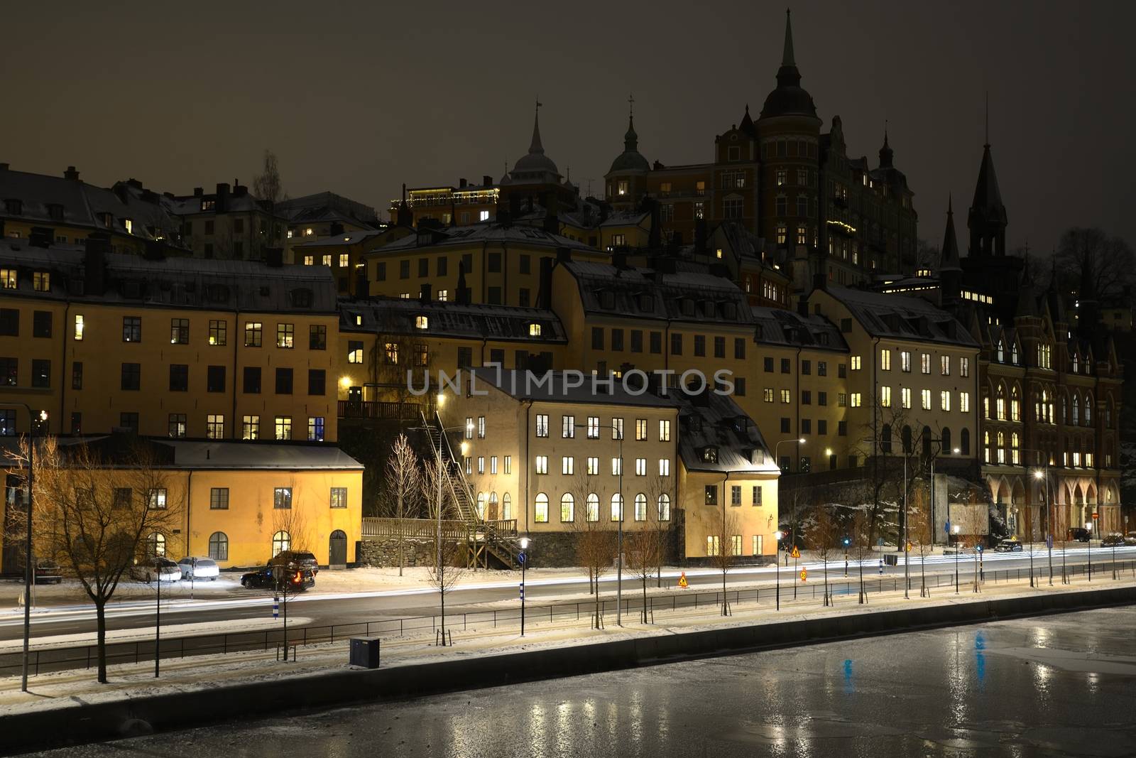 Stockholm embankment at night.