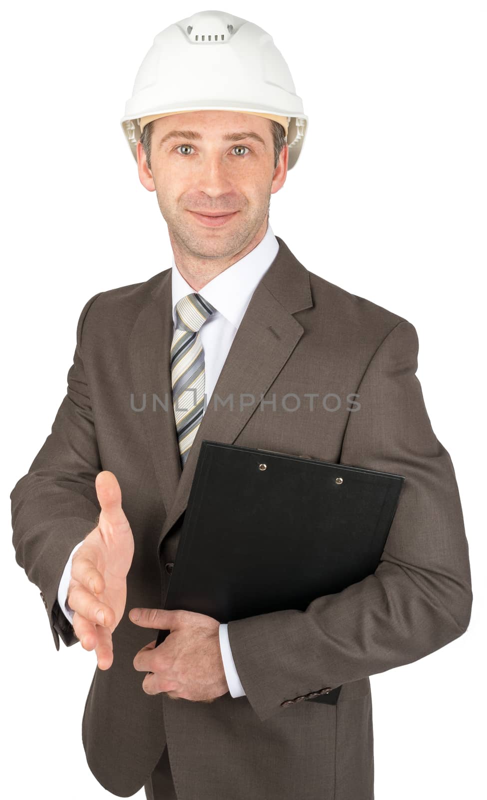 Businessman in helmet offering handshake over white background
