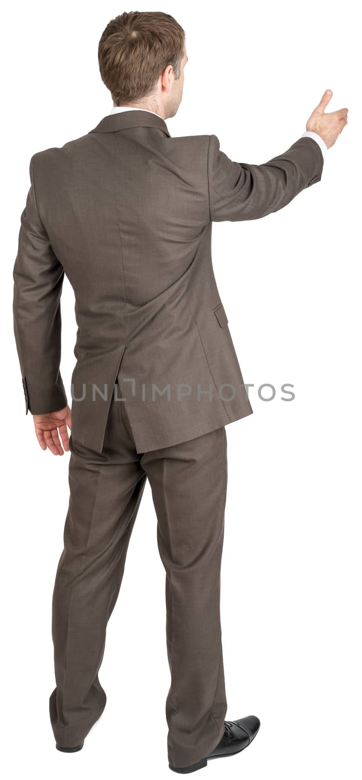 Back view of businessman in suit out to shake hand by cherezoff