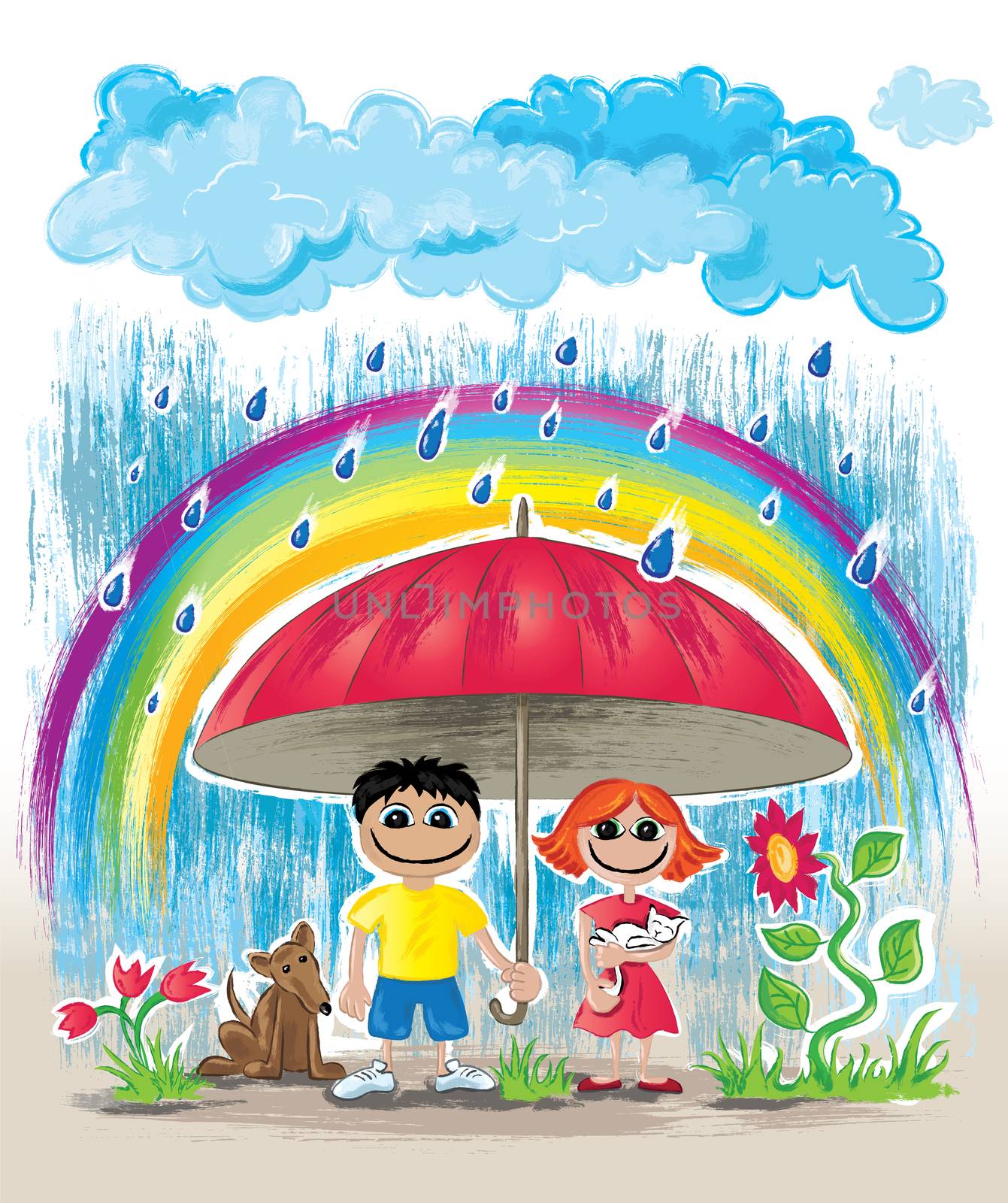 rainy day with rainbow kids with pets hiding under umbrella wallpaper postcard